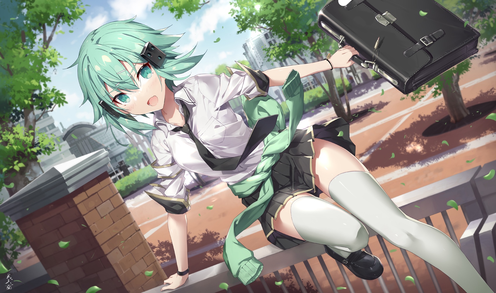 Asada Shino with green hair and school uniform HD Wallpaper