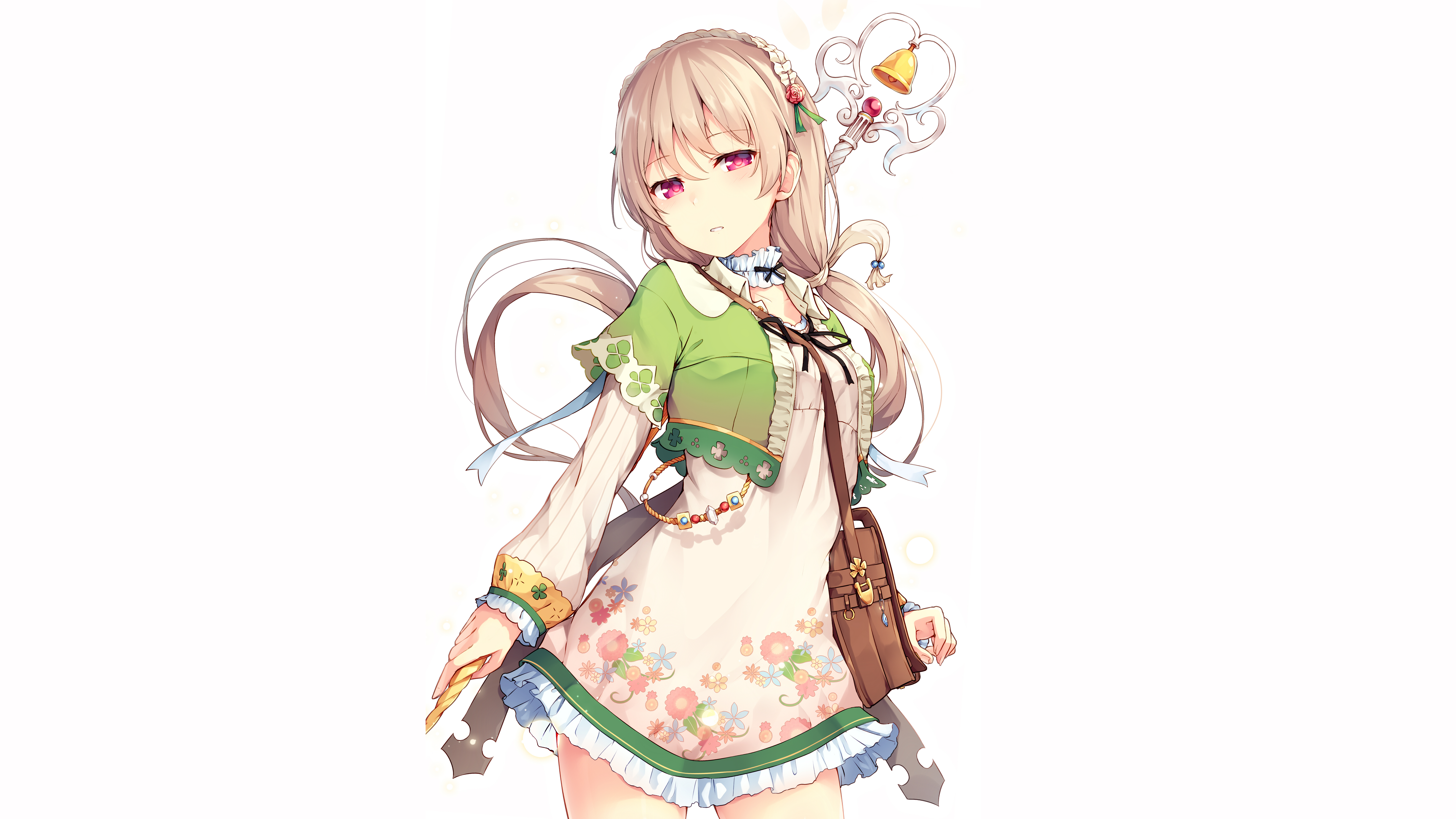 Anime girl with red eyes and bell staff HD Wallpaper