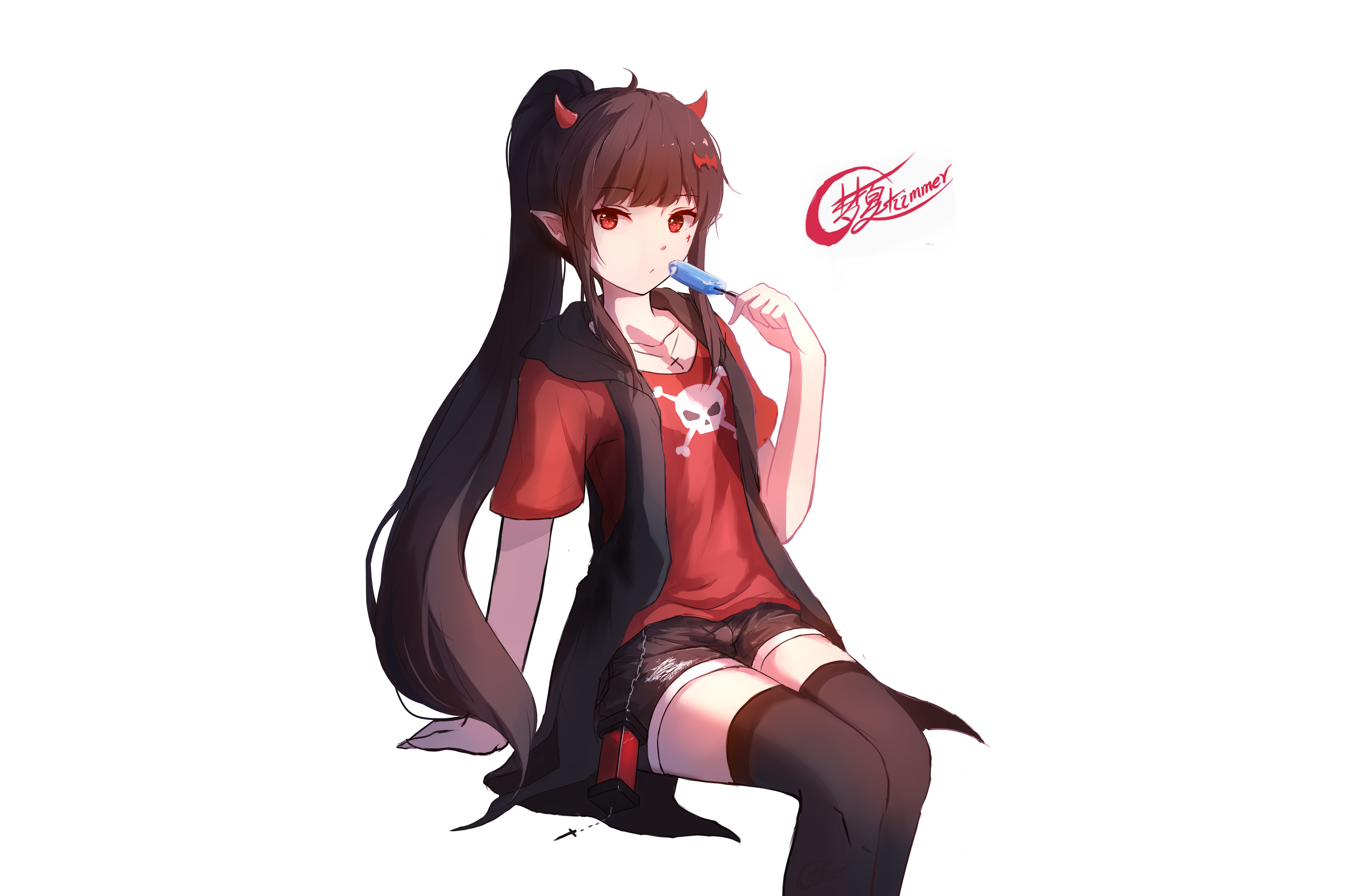 Anime girl with horns eating popsicle HD Wallpaper