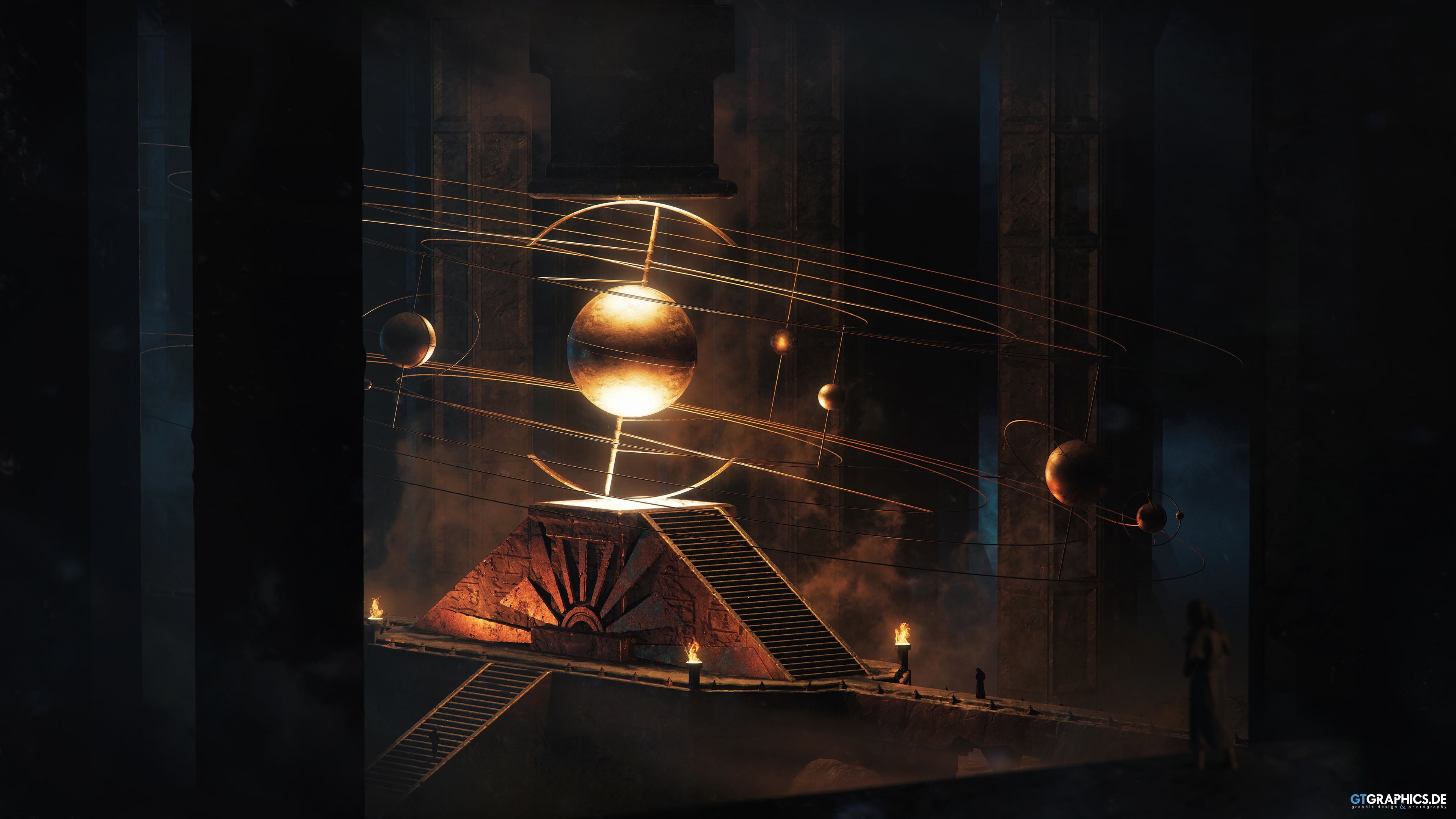 Ancient temple with orrery and planets HD Wallpaper