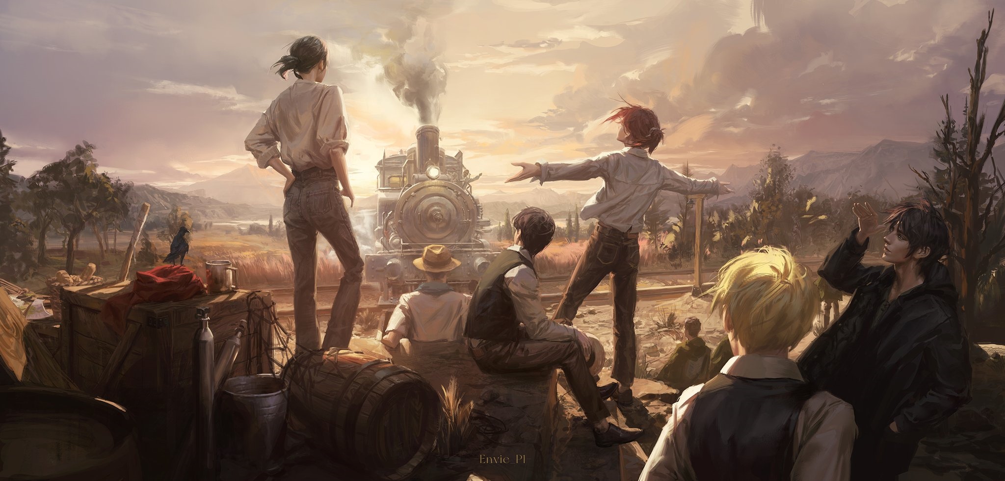 Group of boys watching a steam train in a landscape HD Wallpaper