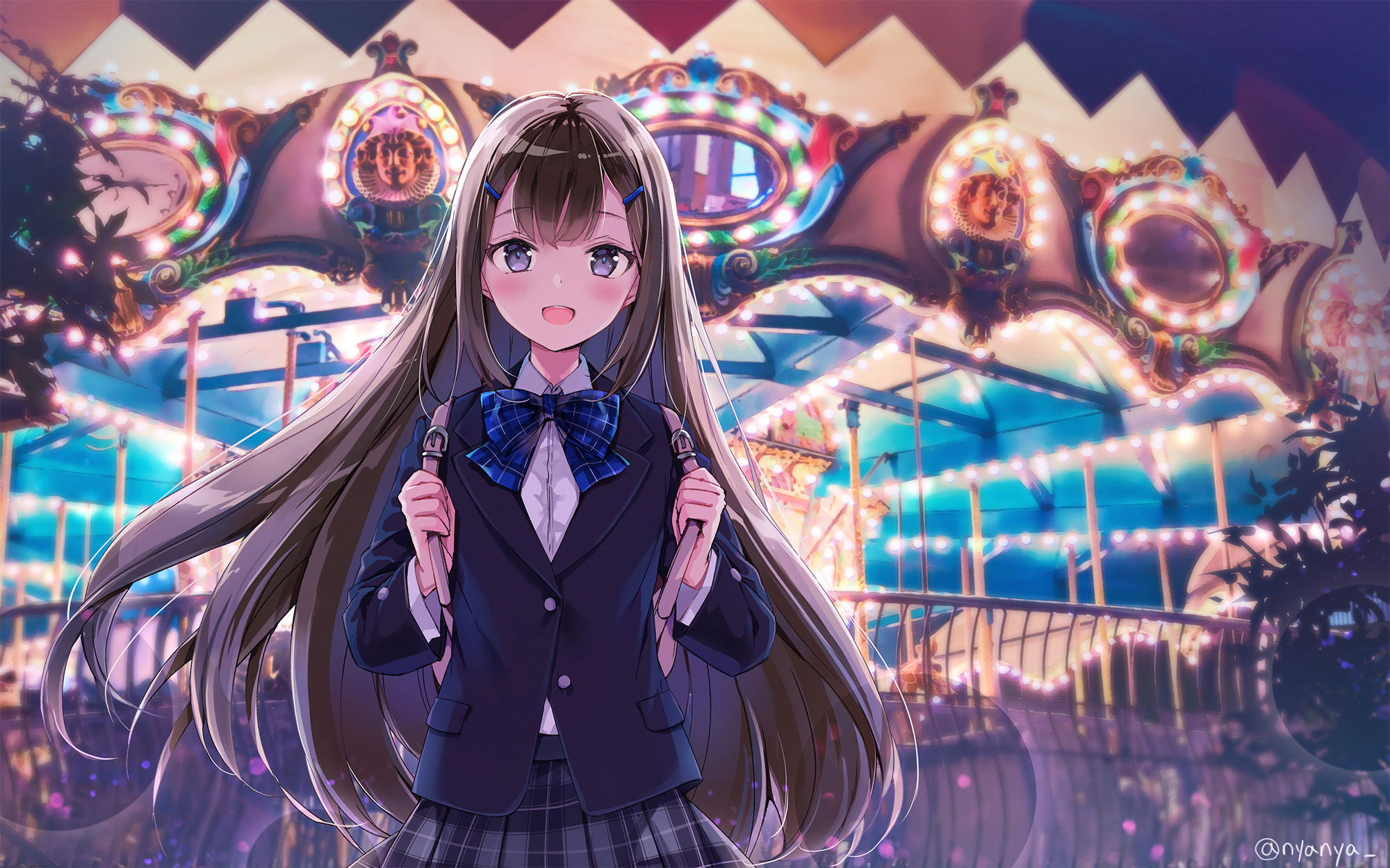Girl in School Uniform at a Carnival at Night HD Wallpaper