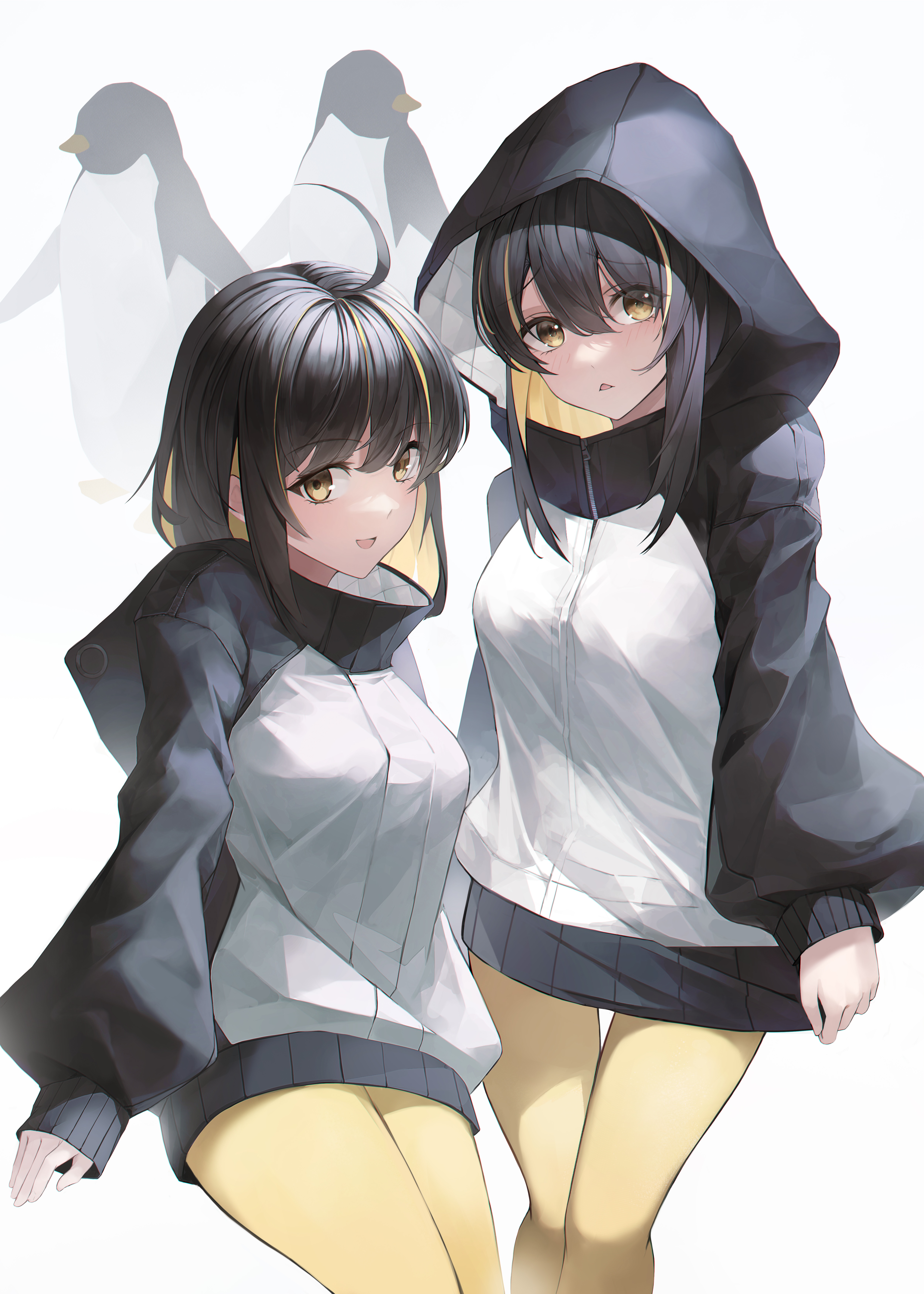 4K fan art of twin girls in penguin hoodies HD Phone Wallpaper