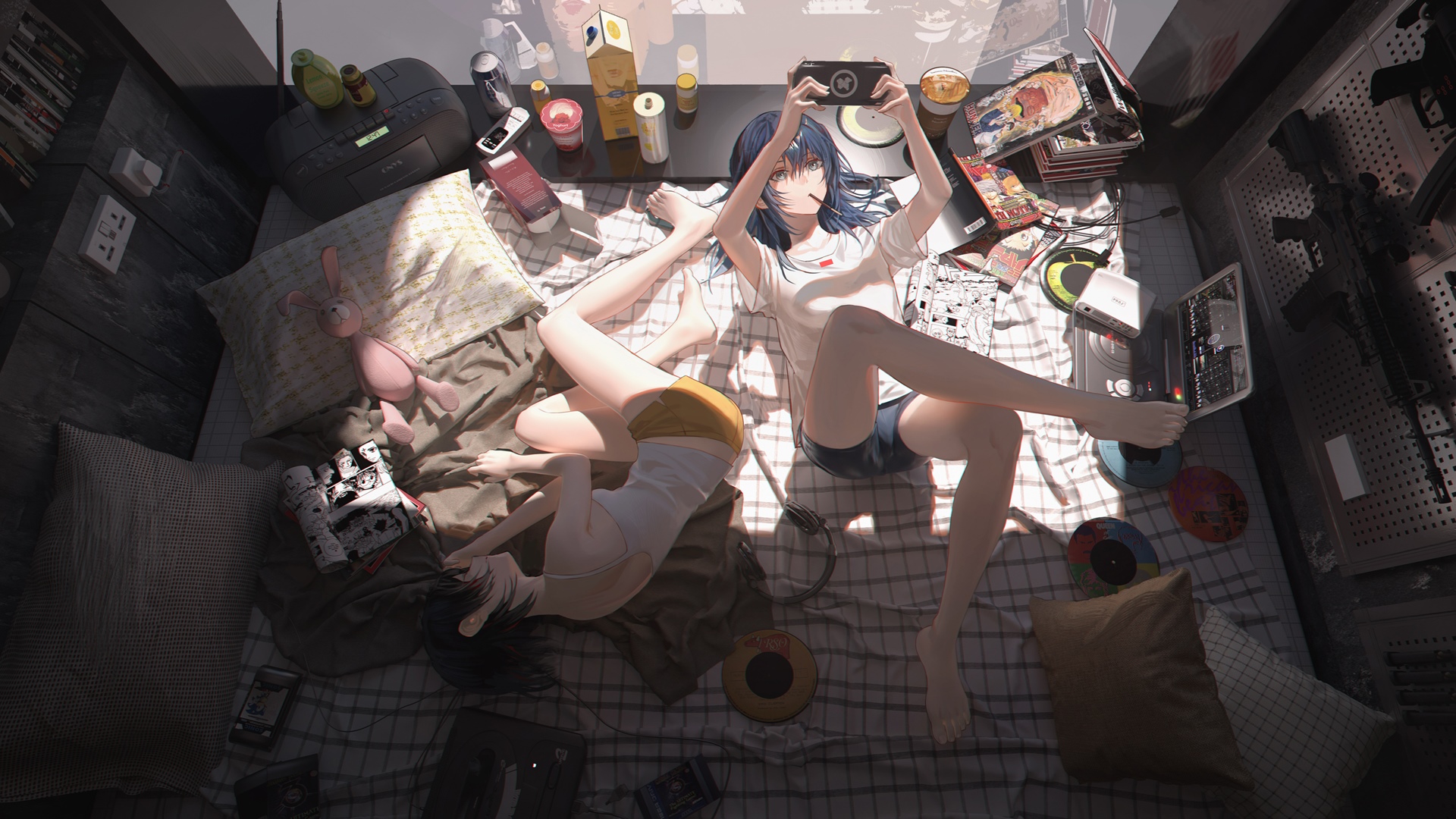 Anime girls in a messy bedroom with music equipment HD Wallpaper