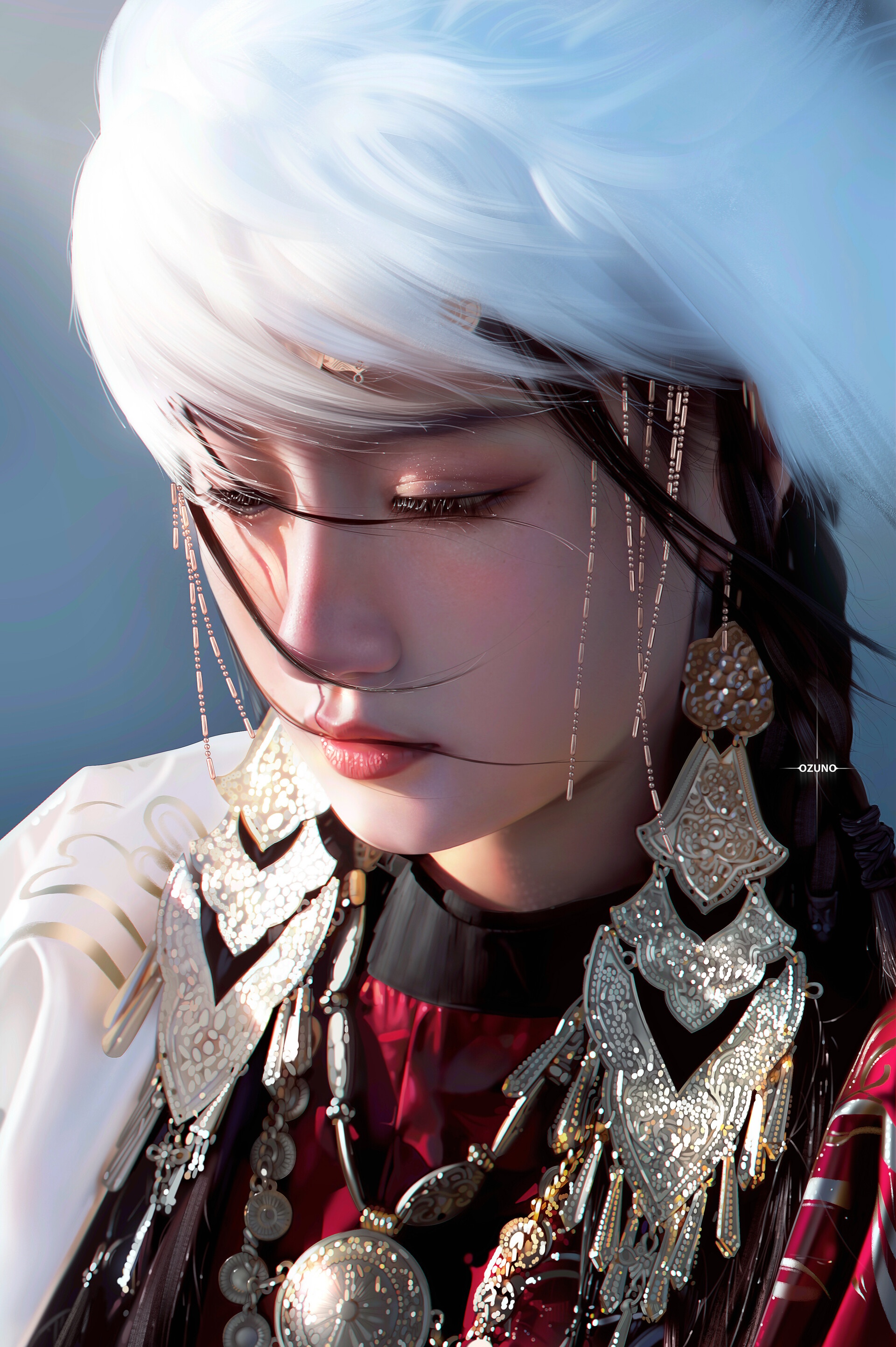 Asian woman with white hair and ornate jewelry HD Phone Wallpaper