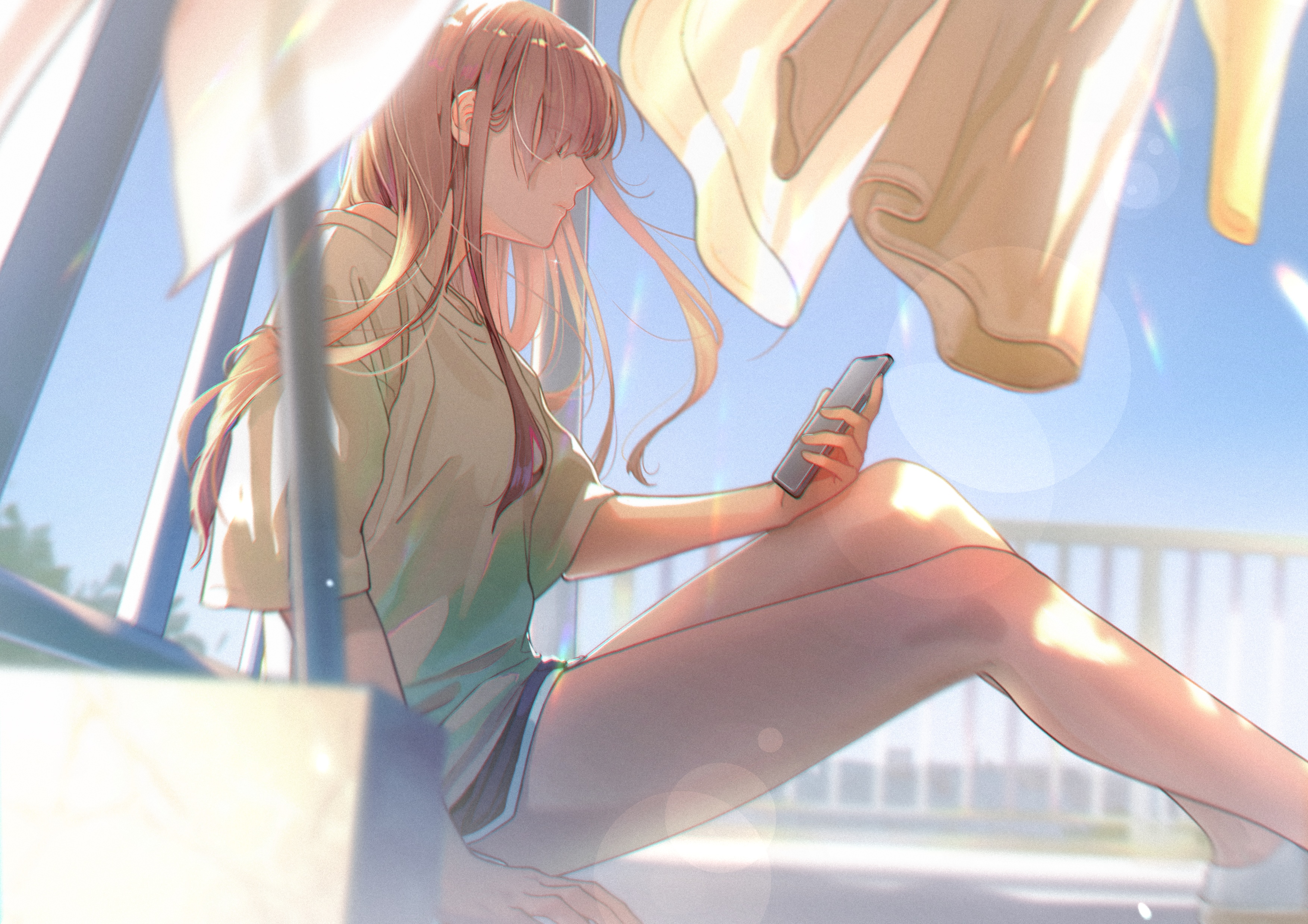Girl on a rooftop with a smartphone HD Wallpaper