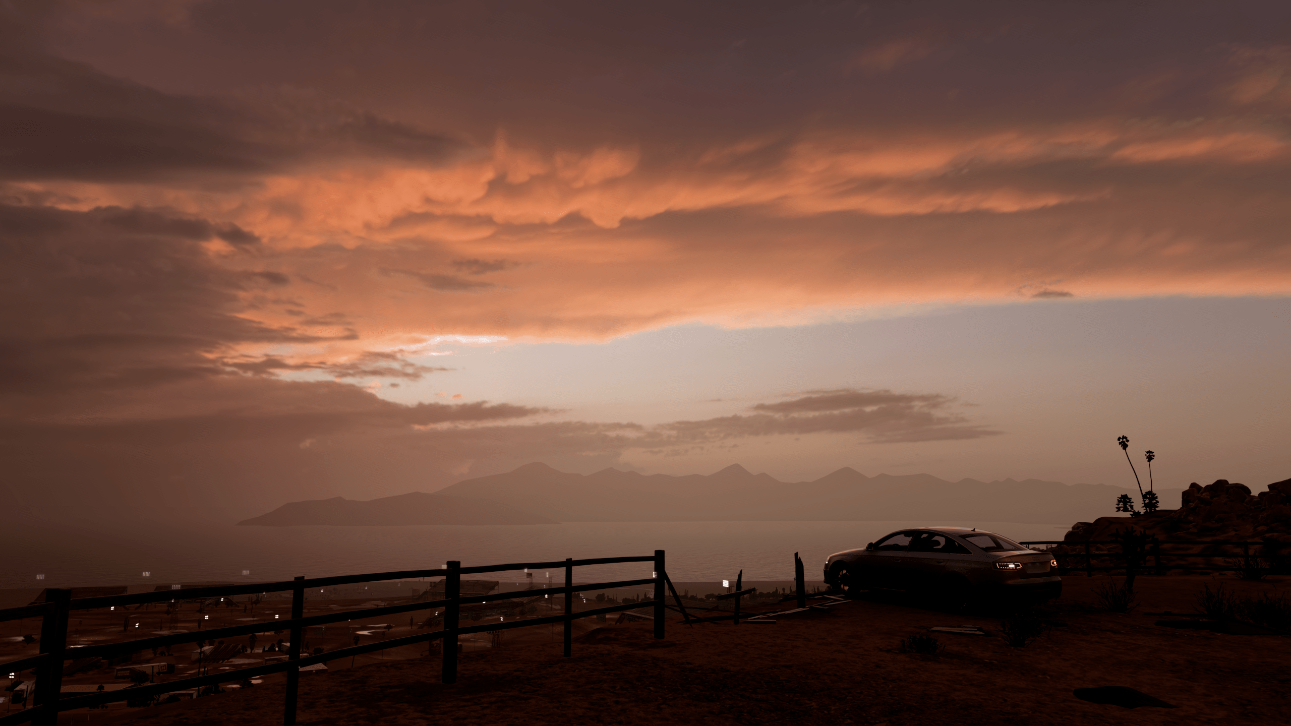 Forza Horizon 5 sunset over the ocean with mountains HD Wallpaper