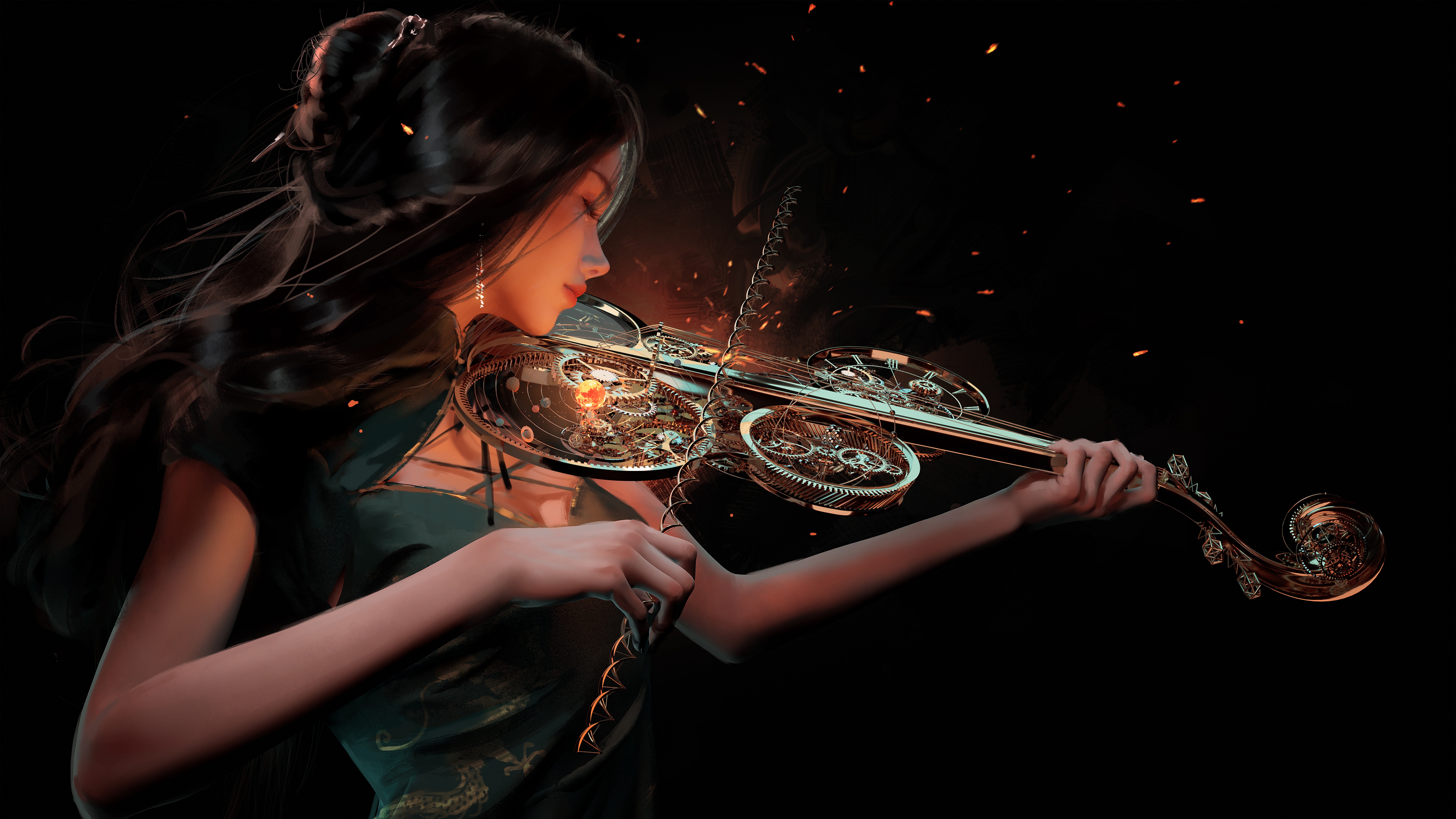 Artwork of a woman playing a steampunk violin HD Wallpaper