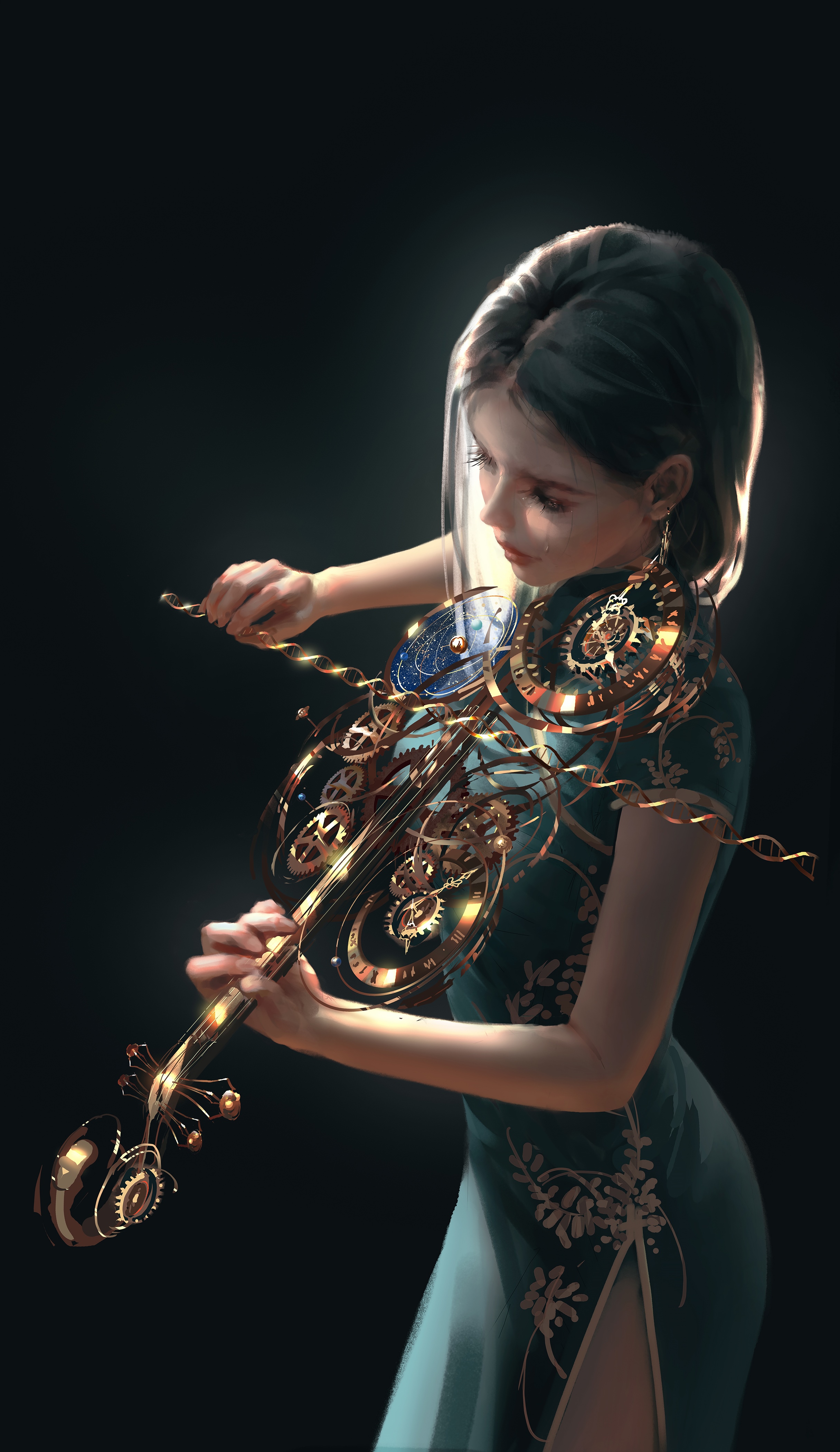Woman playing a steampunk violin HD Phone Wallpaper