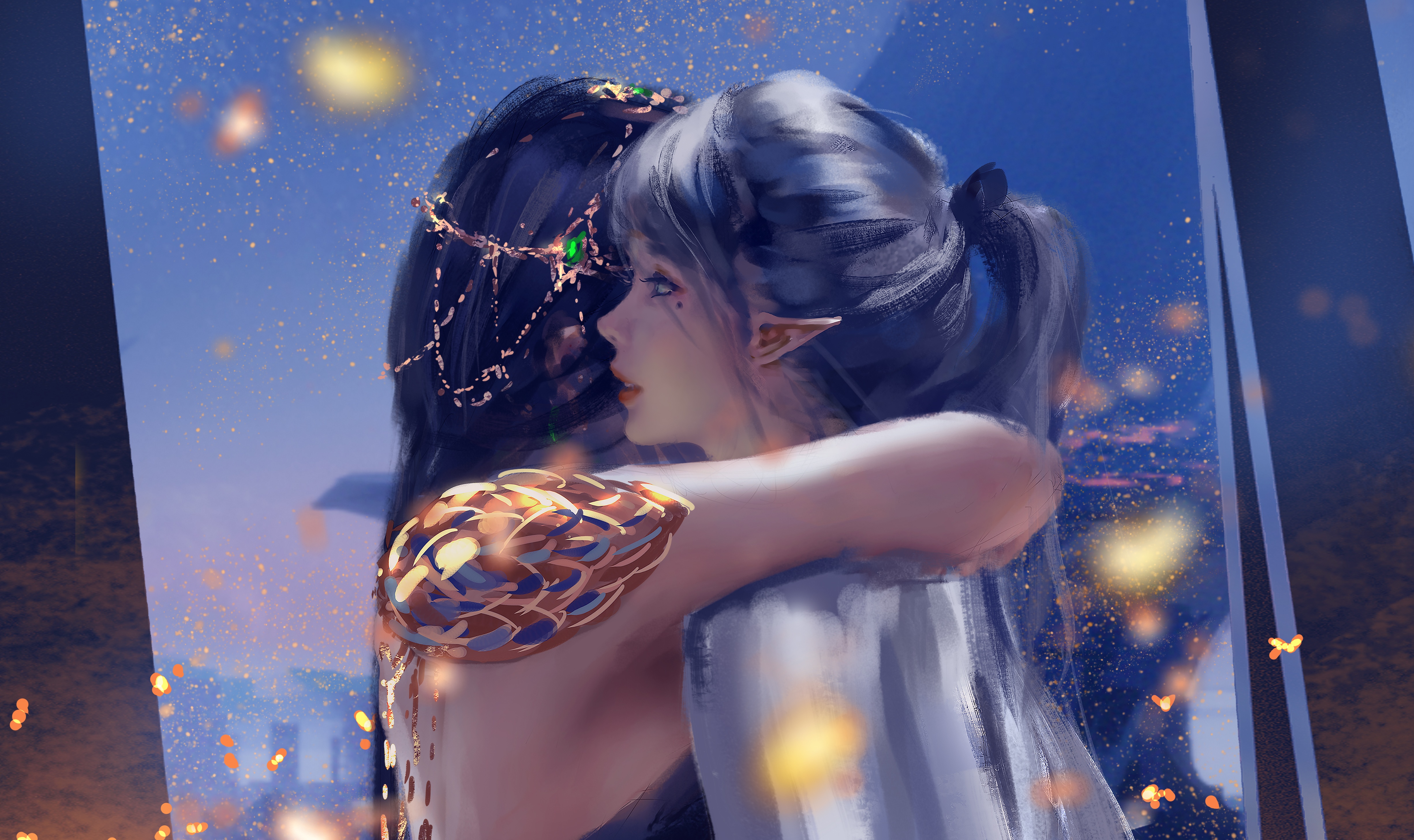 Two women hugging in front of a starry sky HD Wallpaper