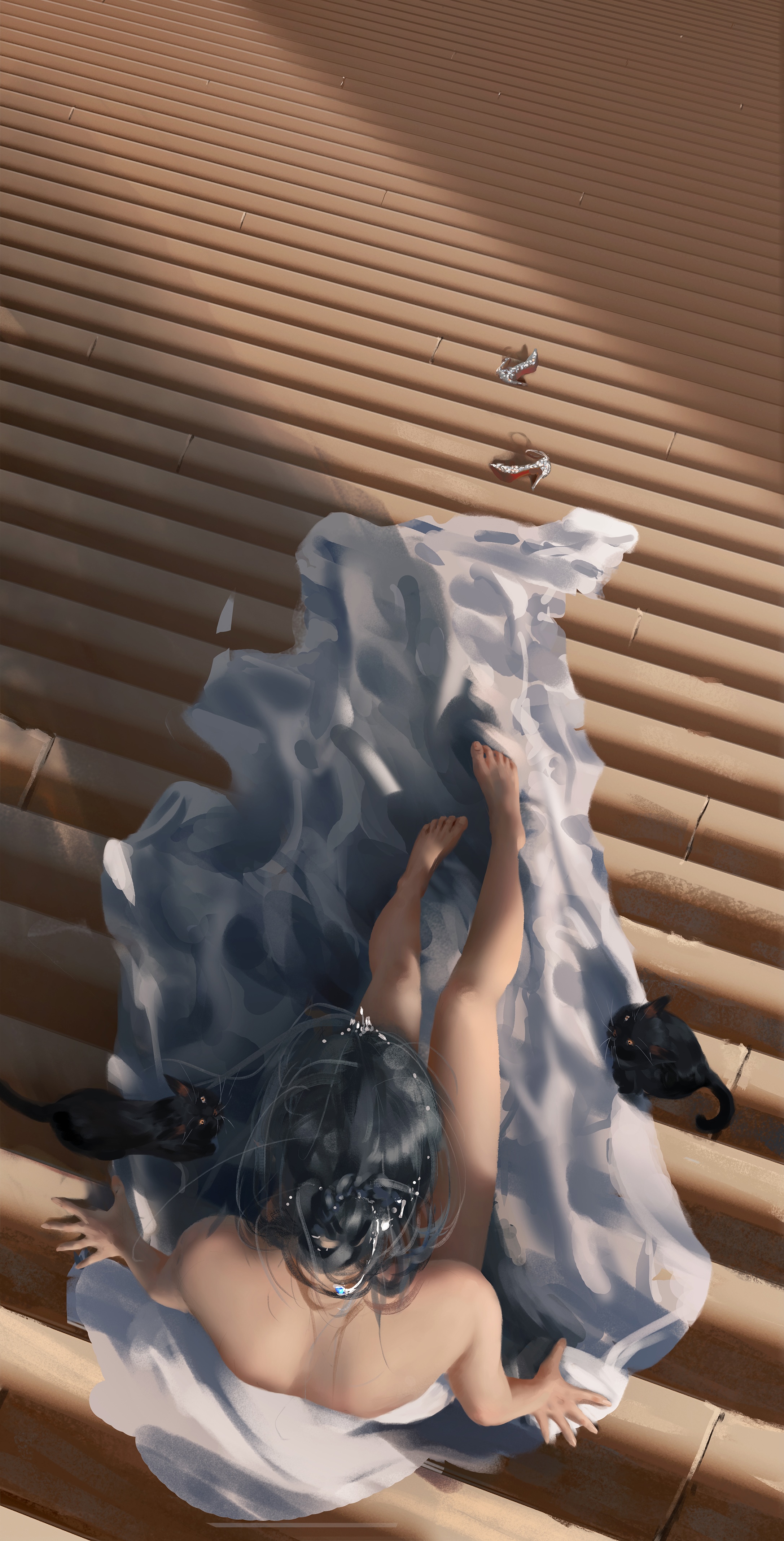 Princess with cats on a tiled roof HD Phone Wallpaper