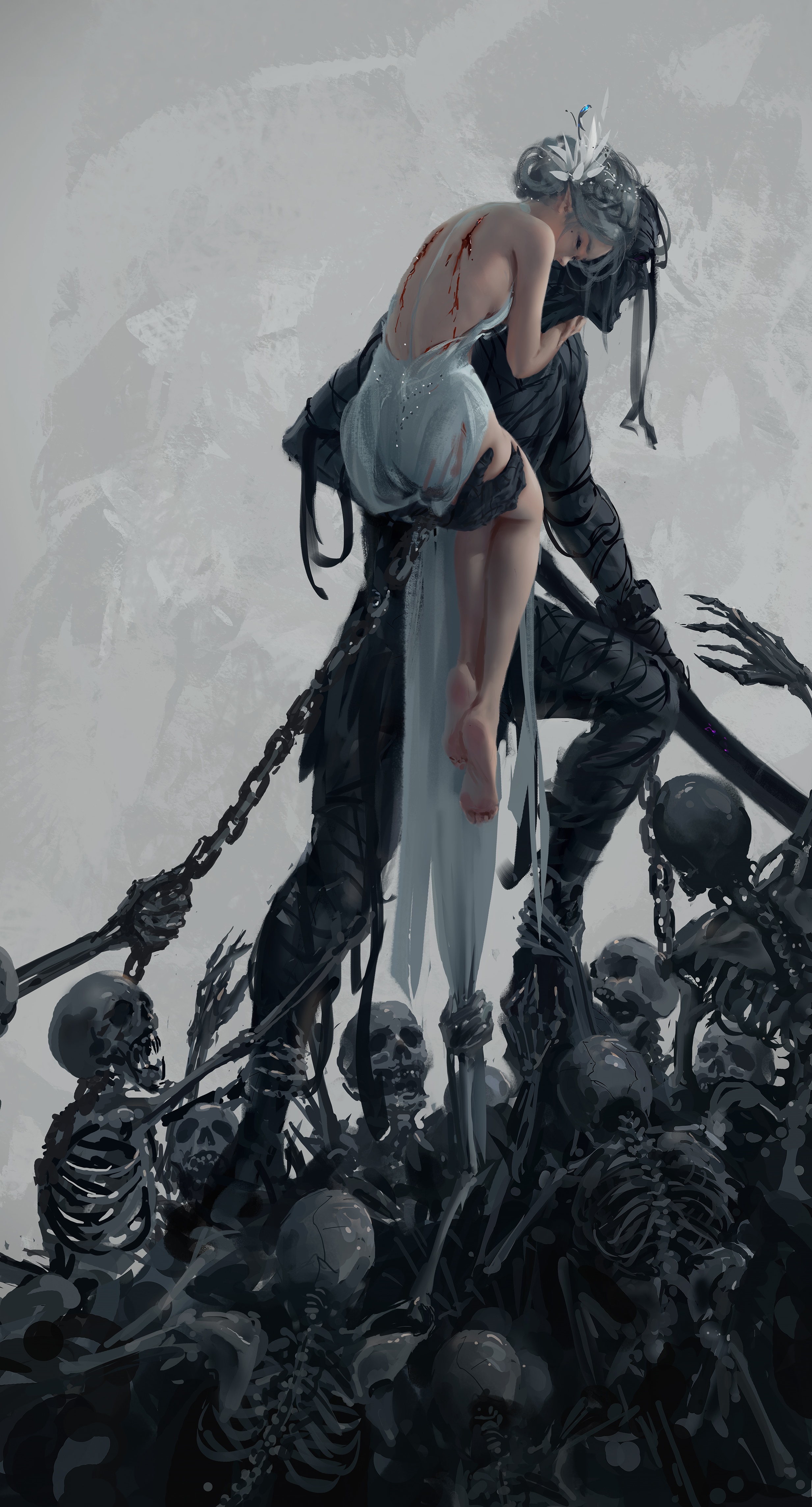 WLOP's Ghostblade: A woman carried by a dark figure amidst skeletons HD Phone Wallpaper
