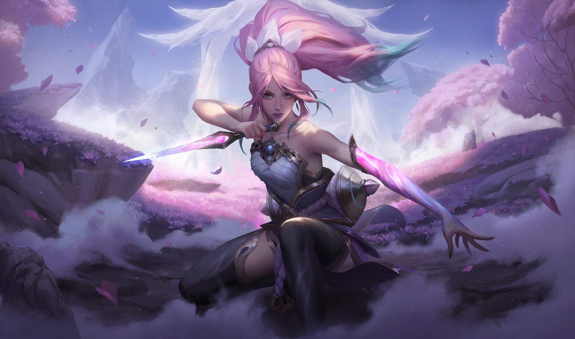 Spirit Blossom Akali with Daggers in Fantasy Landscape HD Wallpaper