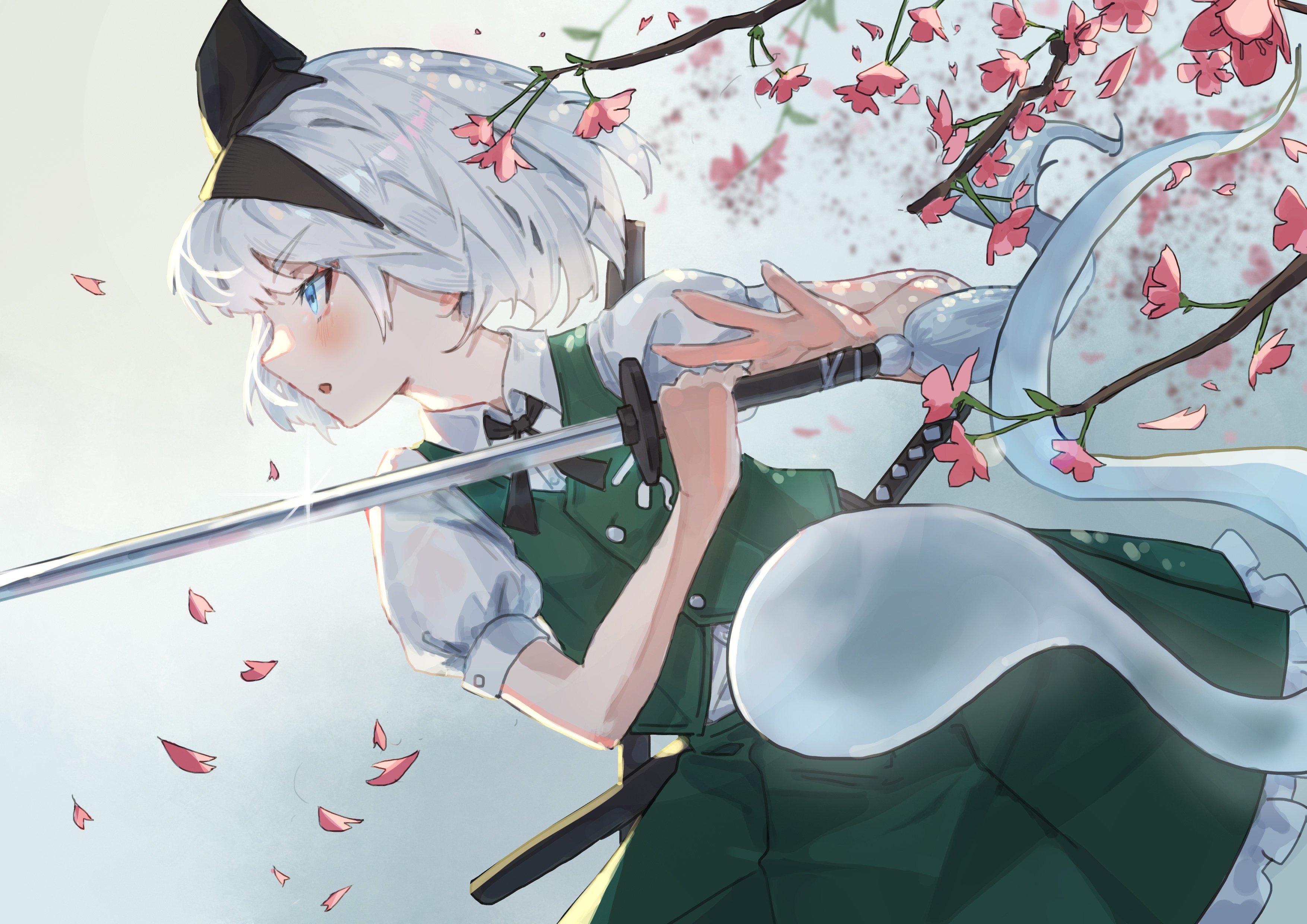 Konpaku Youmu with a katana under cherry blossoms HD Wallpaper