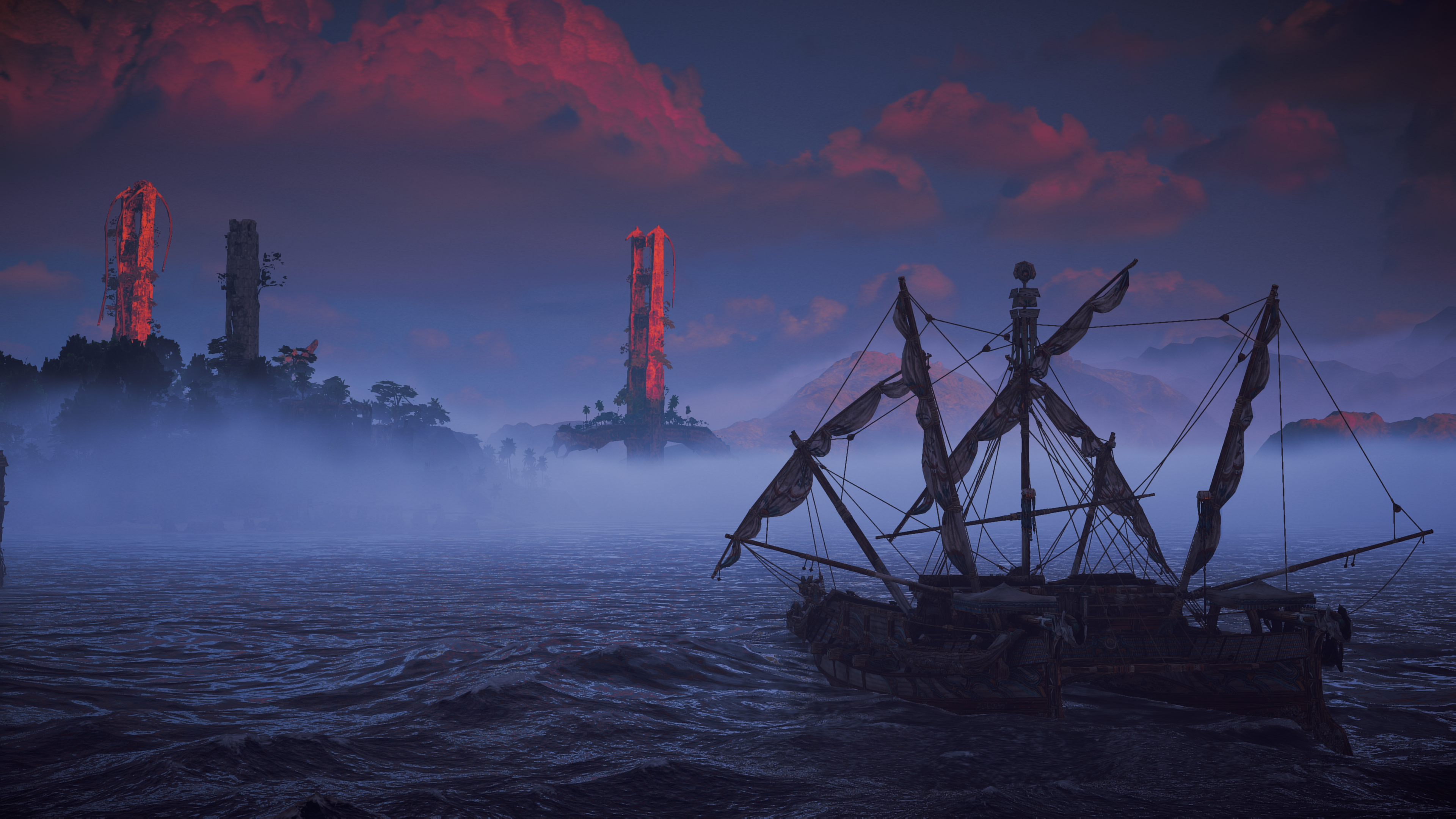 Horizon Forbidden West sailing ship in mist HD Wallpaper