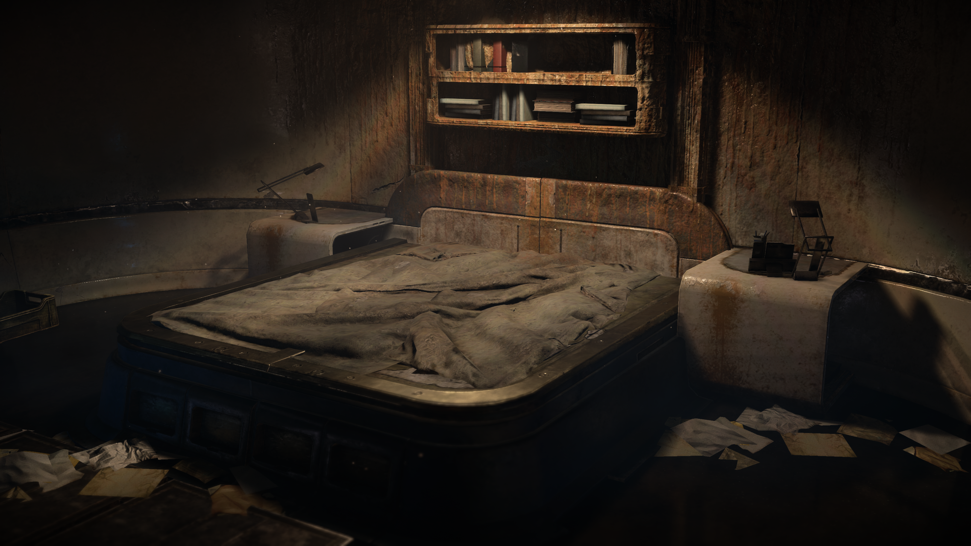 Post-apocalyptic bedroom with bed and bookcase HD Wallpaper