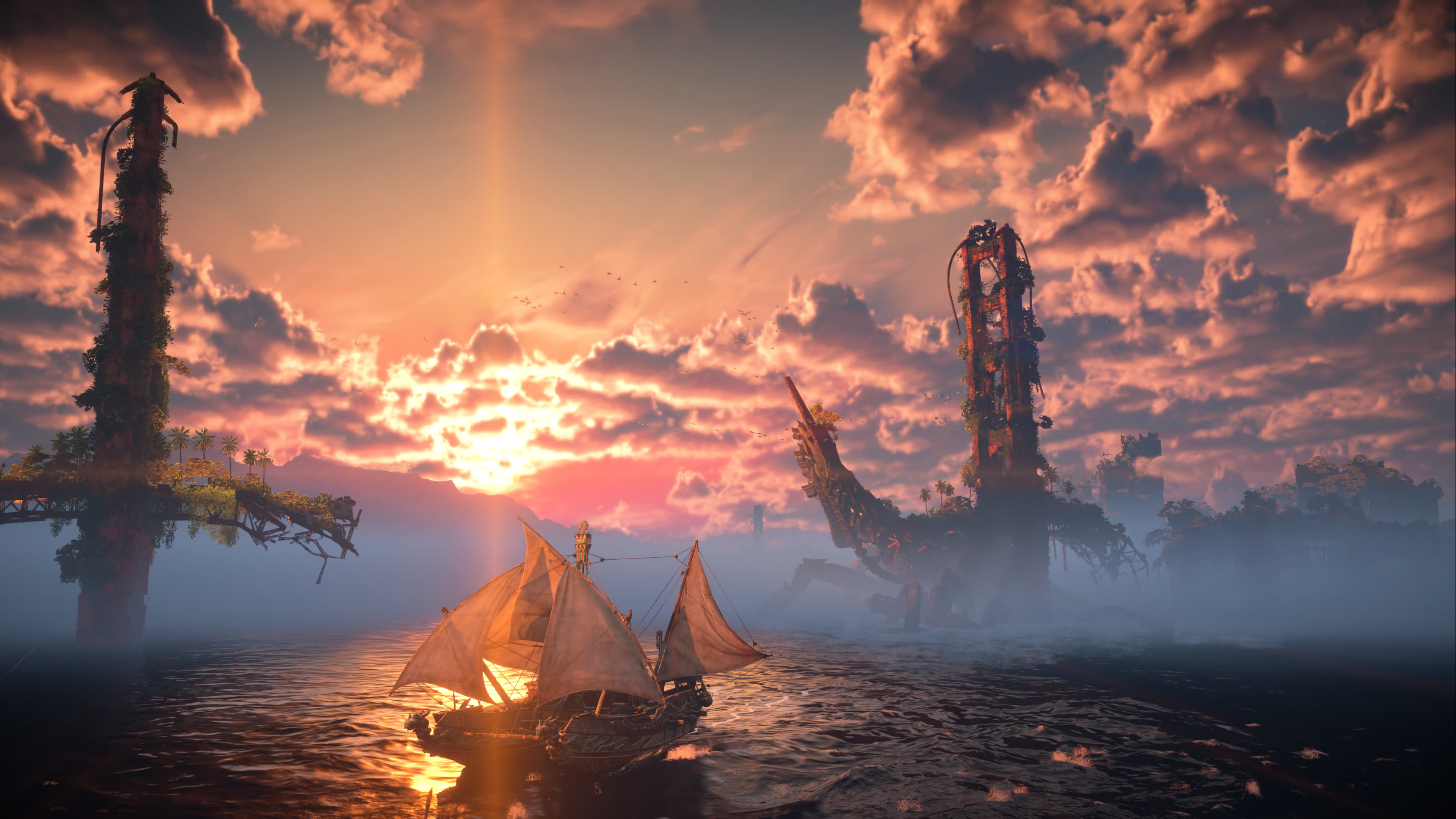 Horizon Forbidden West sailing ship at sunset HD Wallpaper