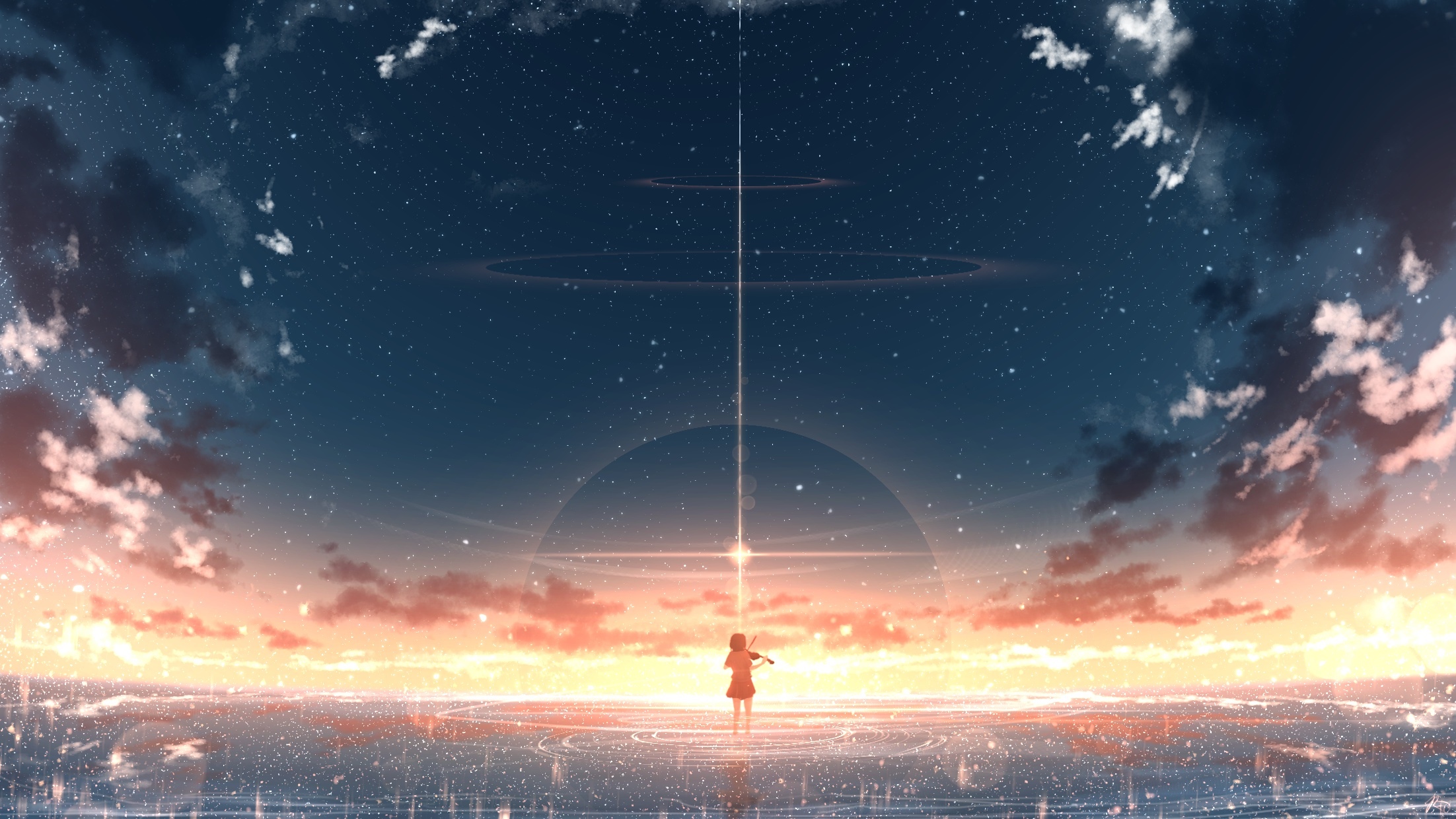 The Place Promised in Our Early Days: Girl Playing Violin Under Stars HD Wallpaper