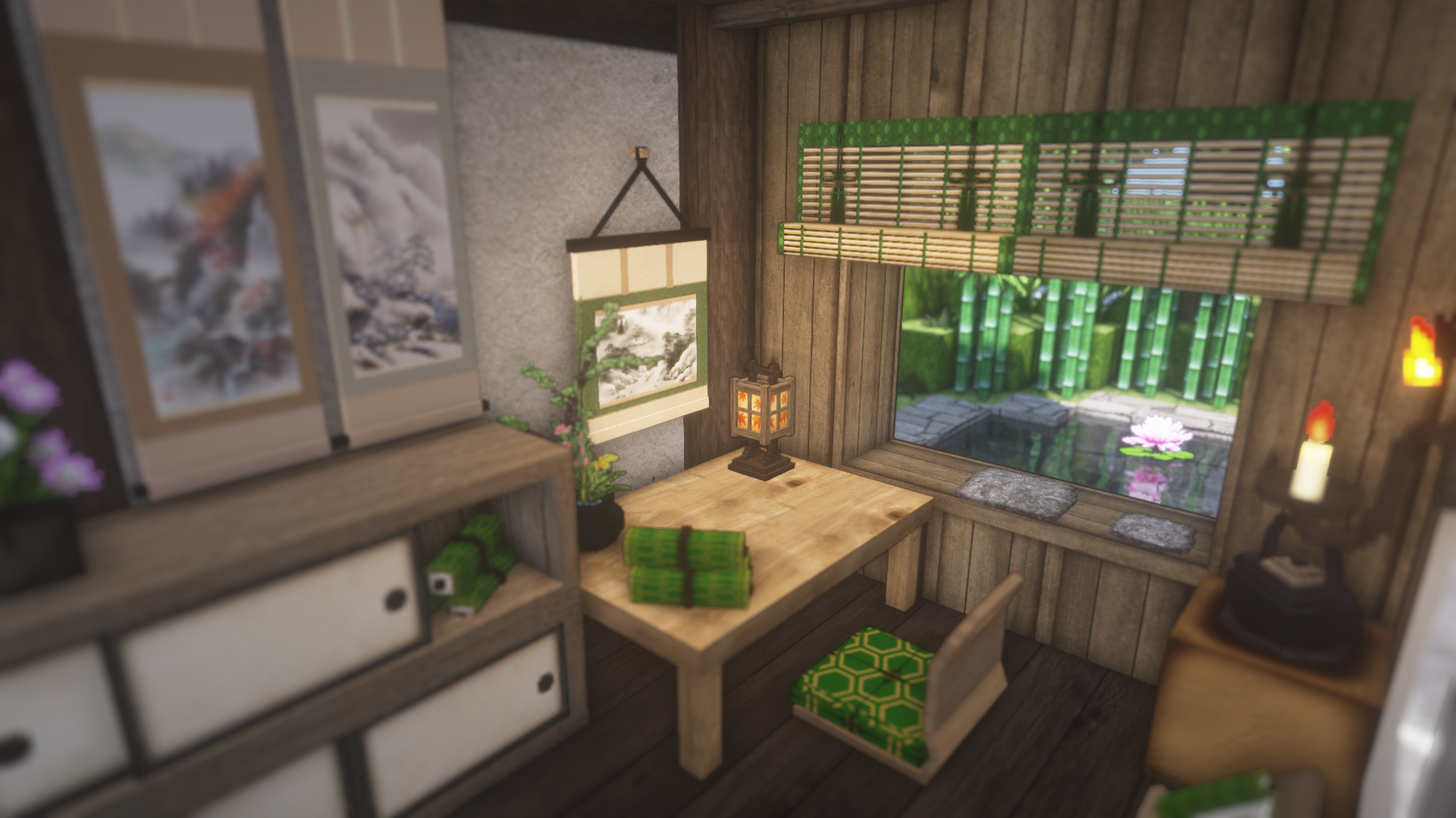 Minecraft Japanese-style room with bamboo garden view HD Wallpaper