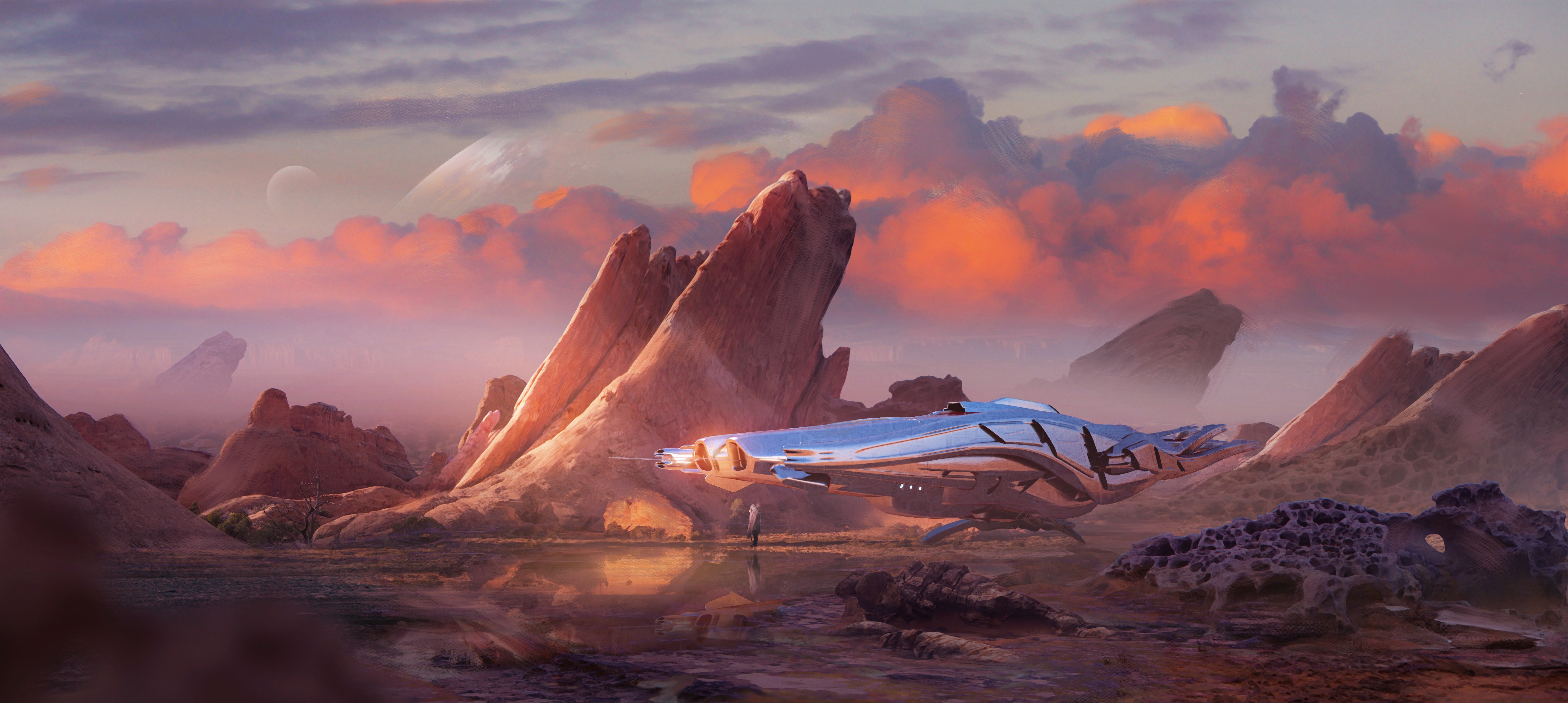 4K Science Fiction Landscape with Spaceship and Clouds HD Wallpaper