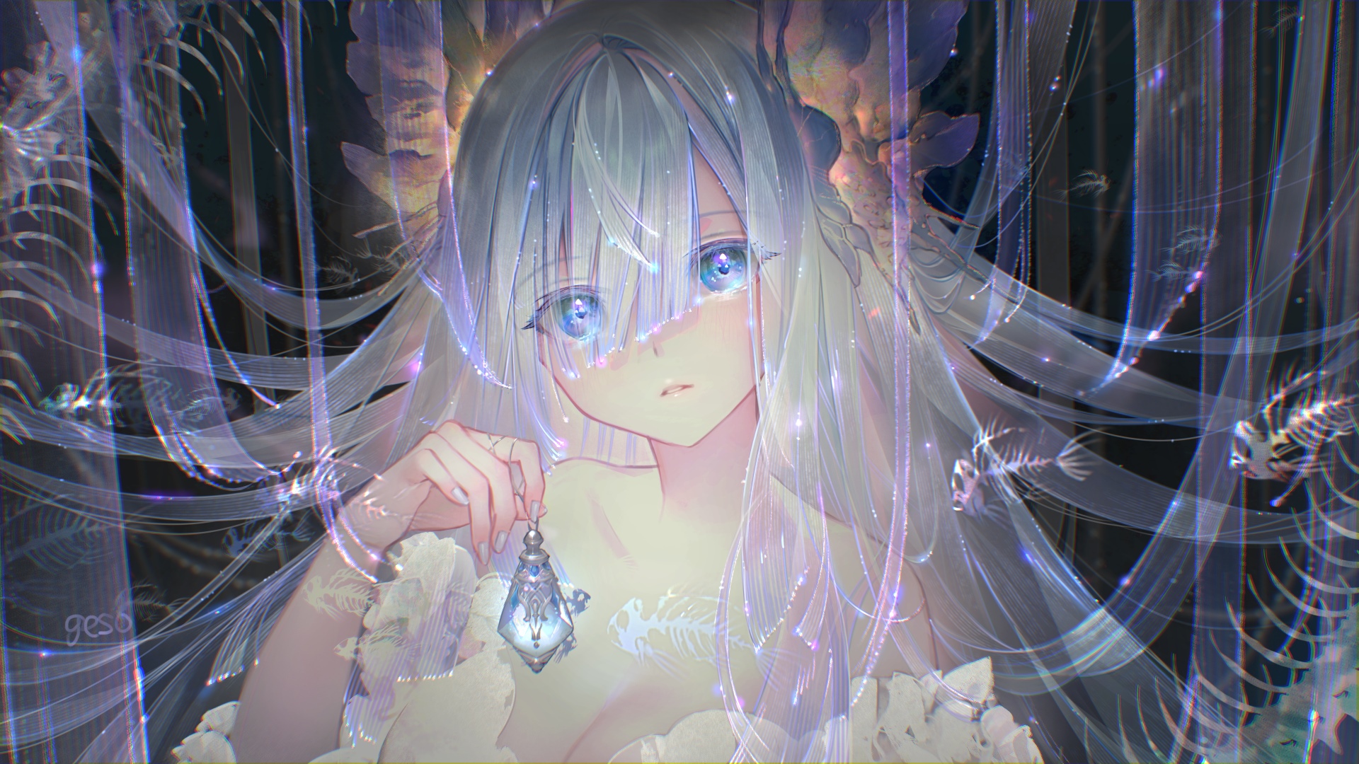 Girl with blue eyes and blue hair holding a pendant HD Wallpaper