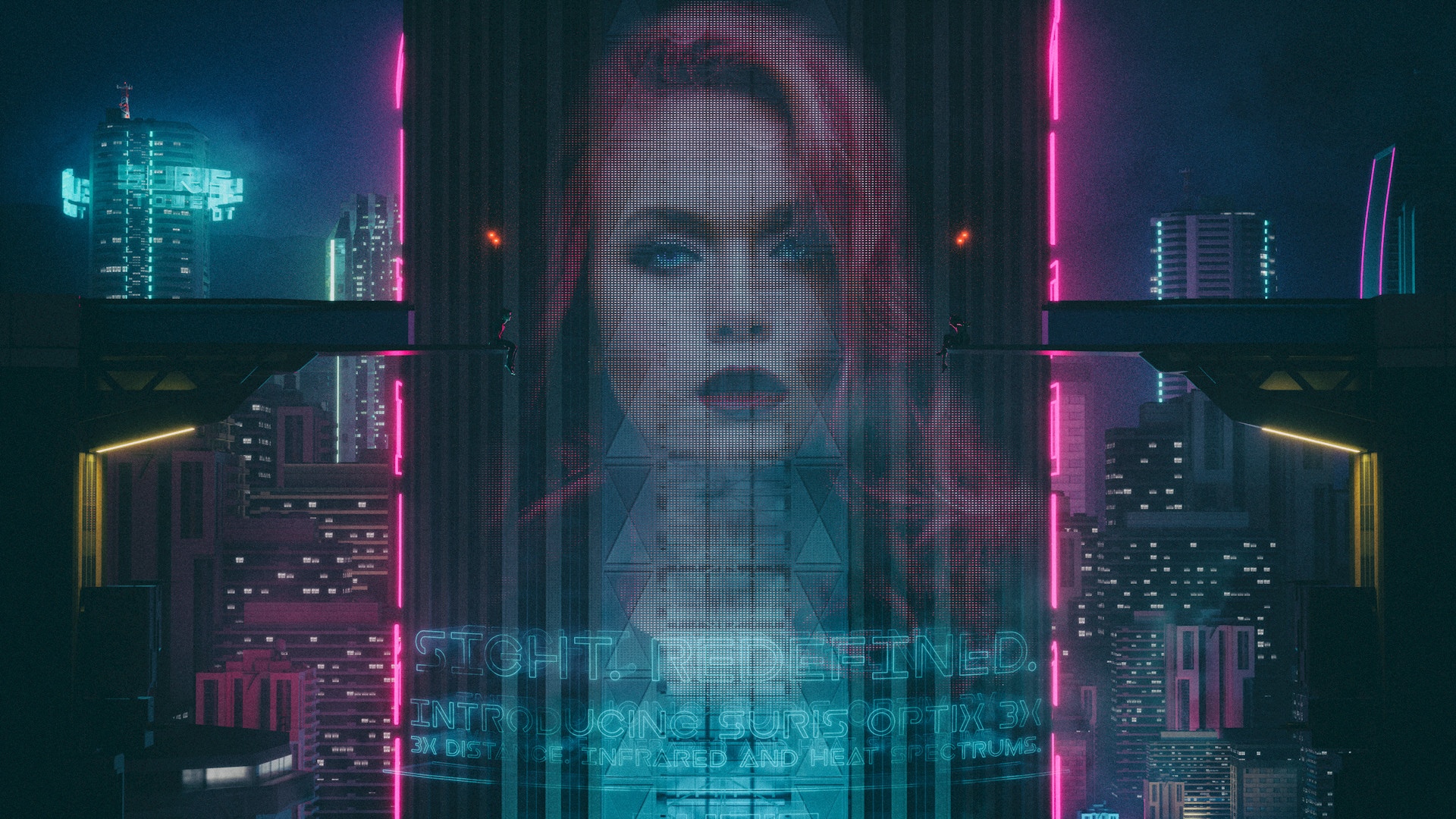 Cyberpunk Cityscape with Advertisement of Fantasy Girl HD Wallpaper