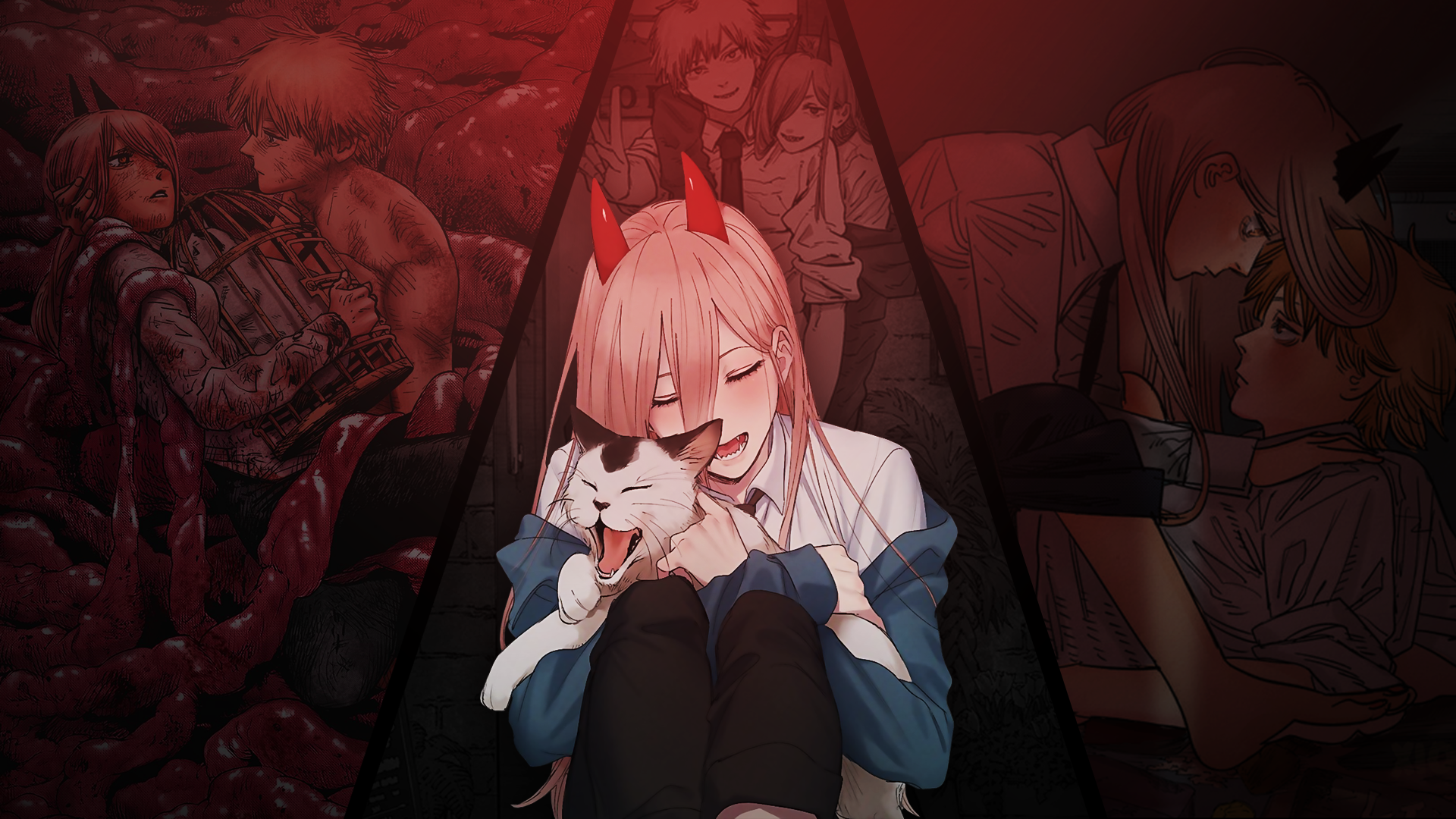 Power and Denji from Chainsaw Man with Meowy HD Wallpaper