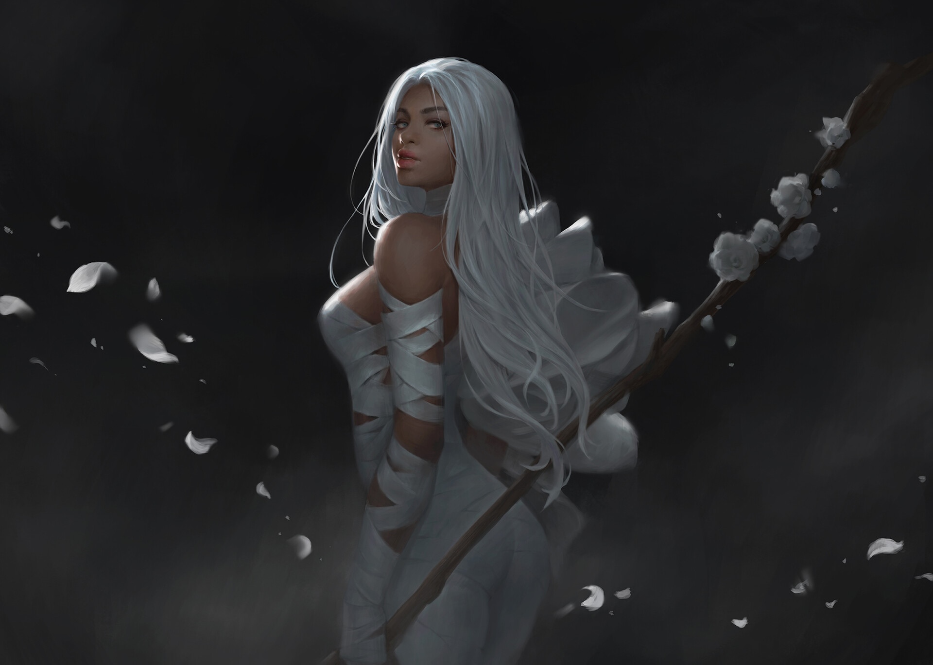 Fantasy girl with white hair and white clothing holding a staff HD Wallpaper