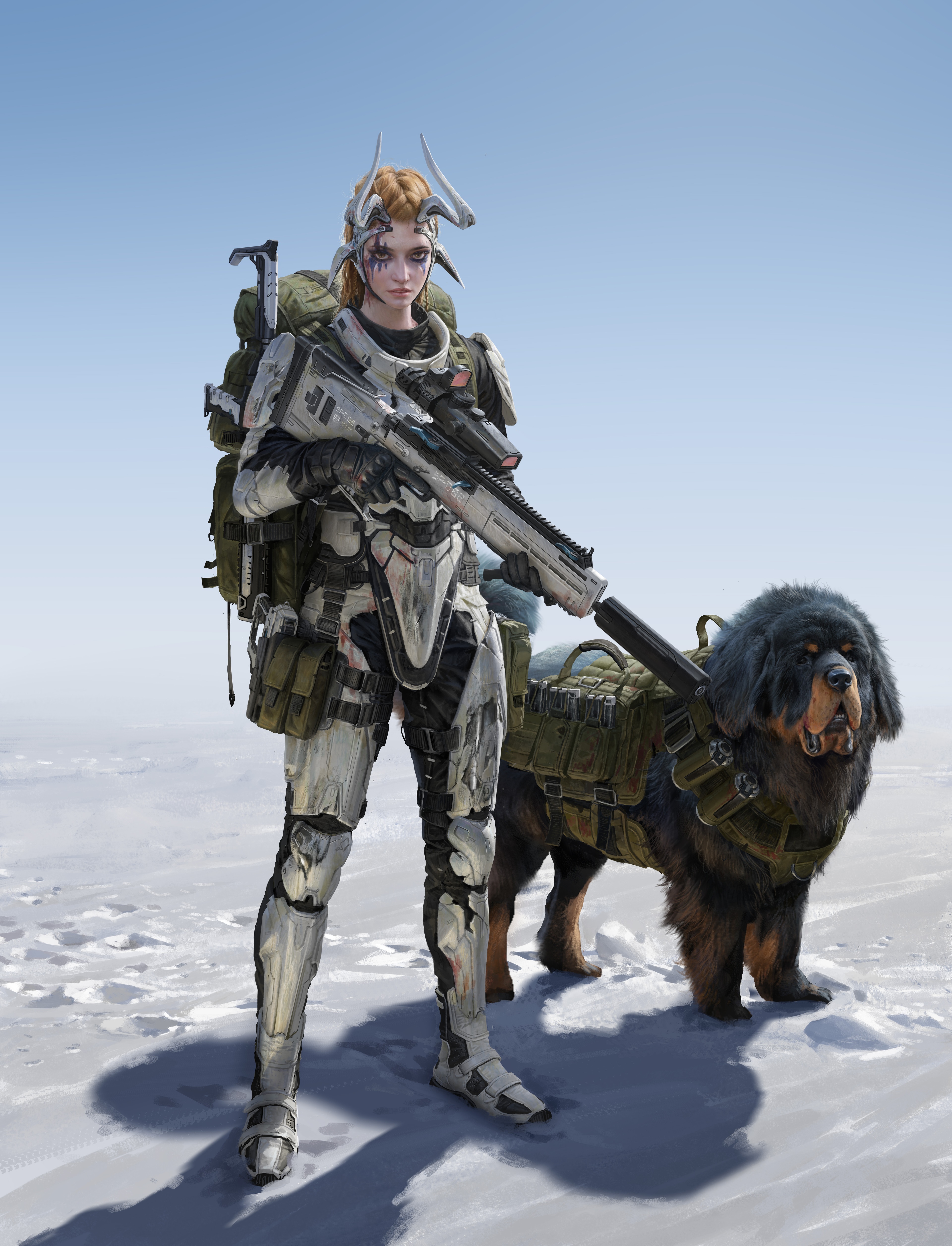 Fantasy girl with futuristic armor and dog HD Phone Wallpaper