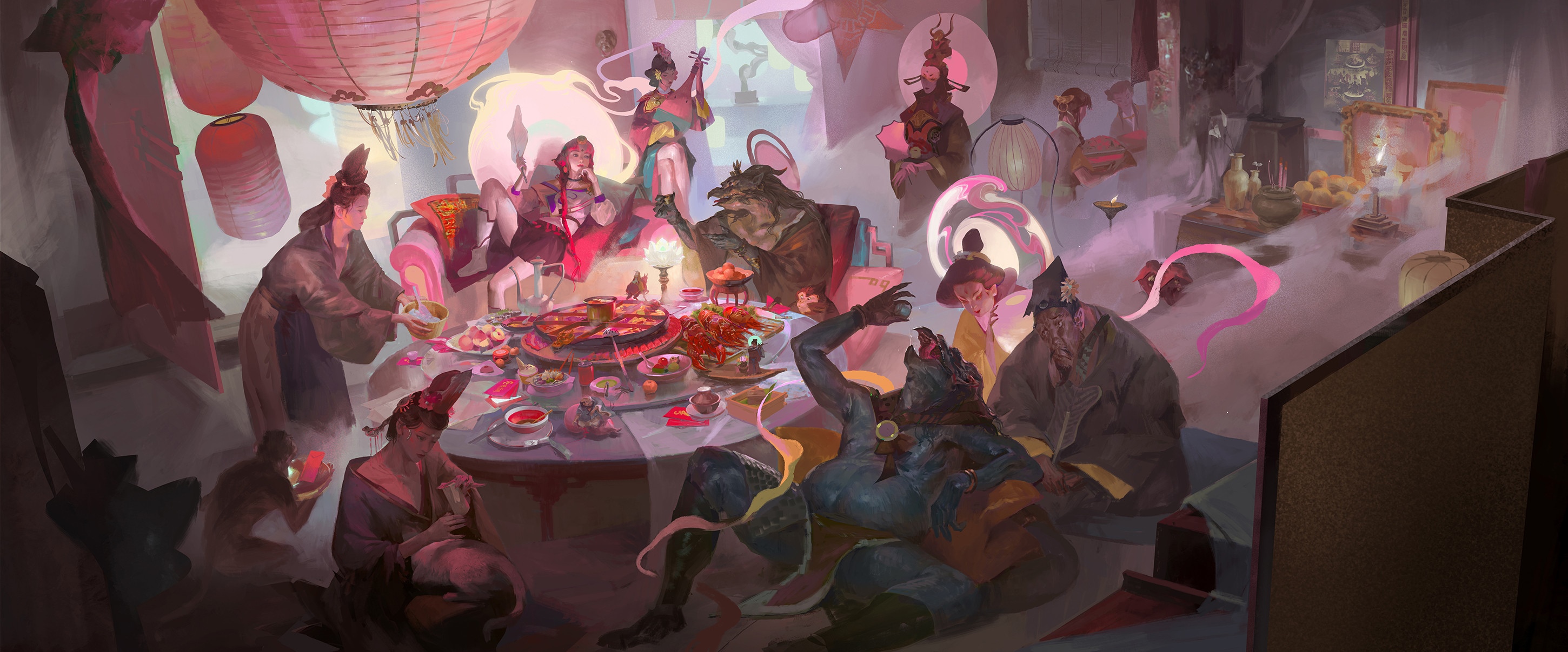 Fantasy feast with mythical creatures and women HD Wallpaper