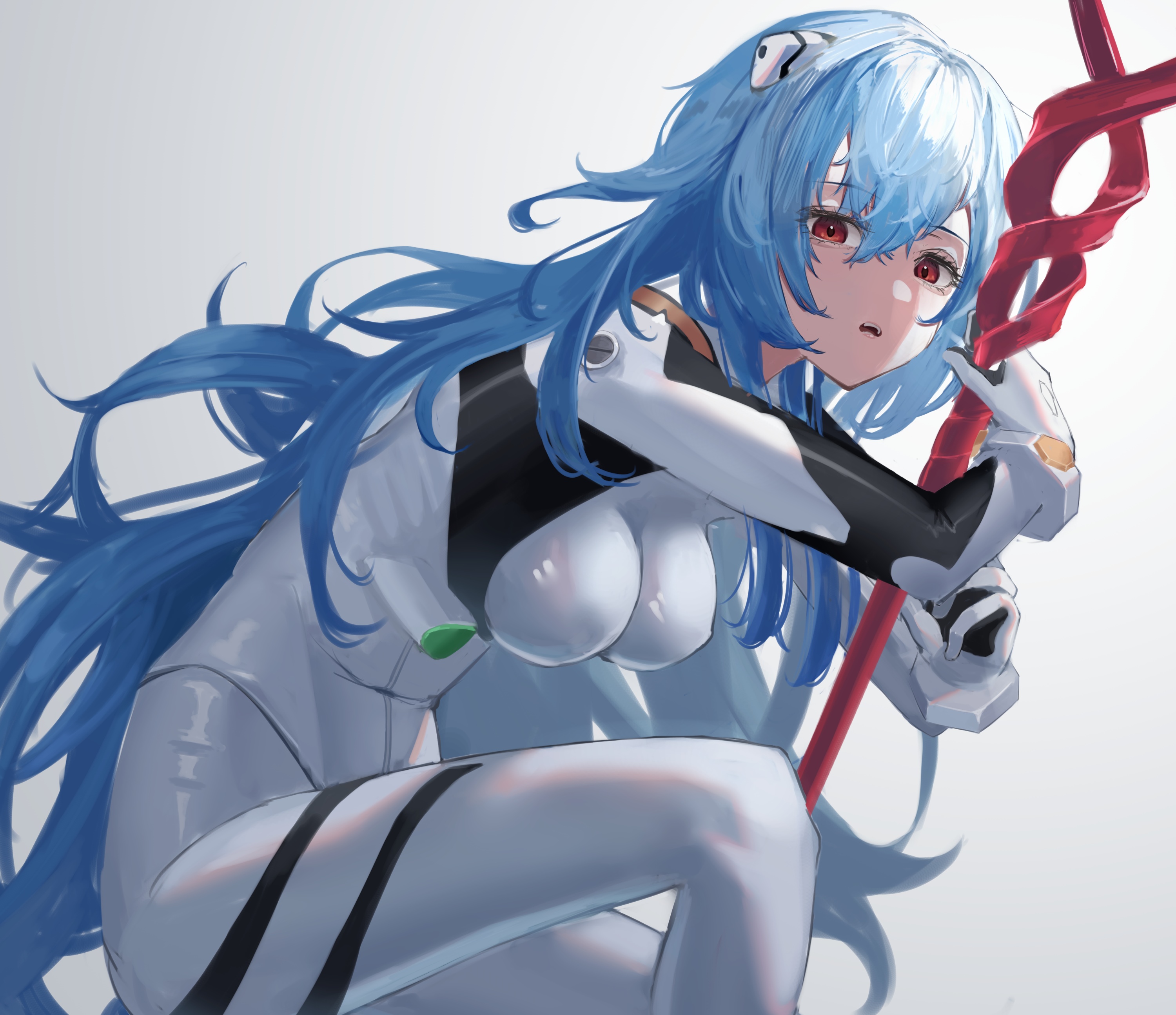 Ayanami Rei in a white bodysuit holding a red spear HD Wallpaper