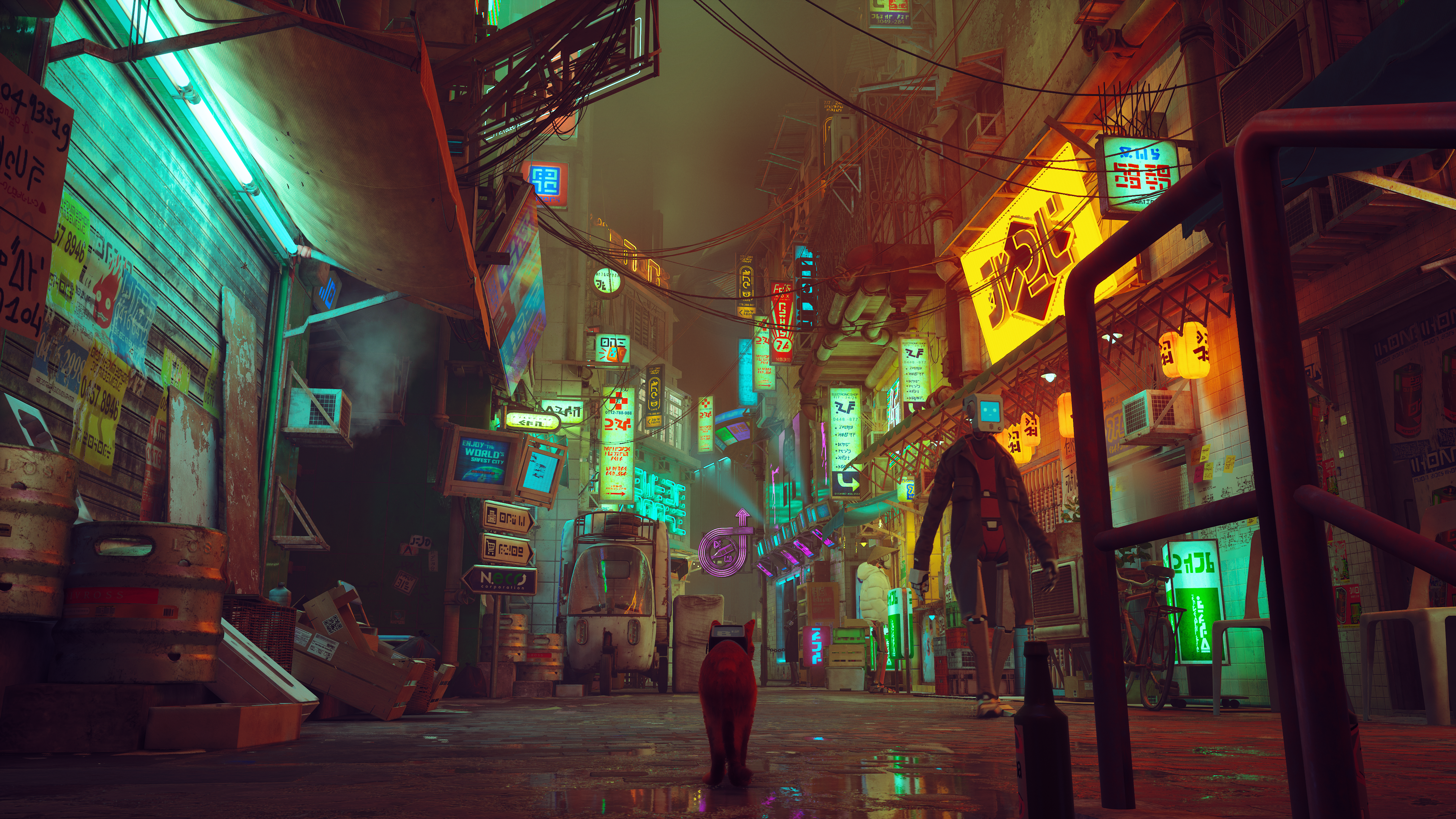 Stray 4K screenshot of a cyberpunk alley HD Wallpaper