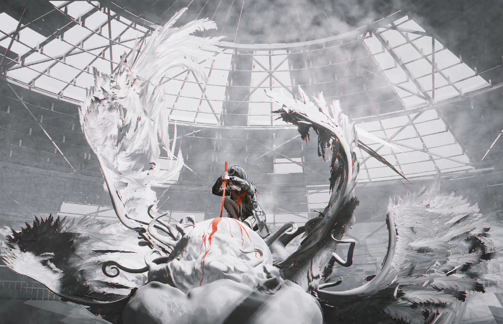Figure with Katana and Blood on Statue HD Wallpaper