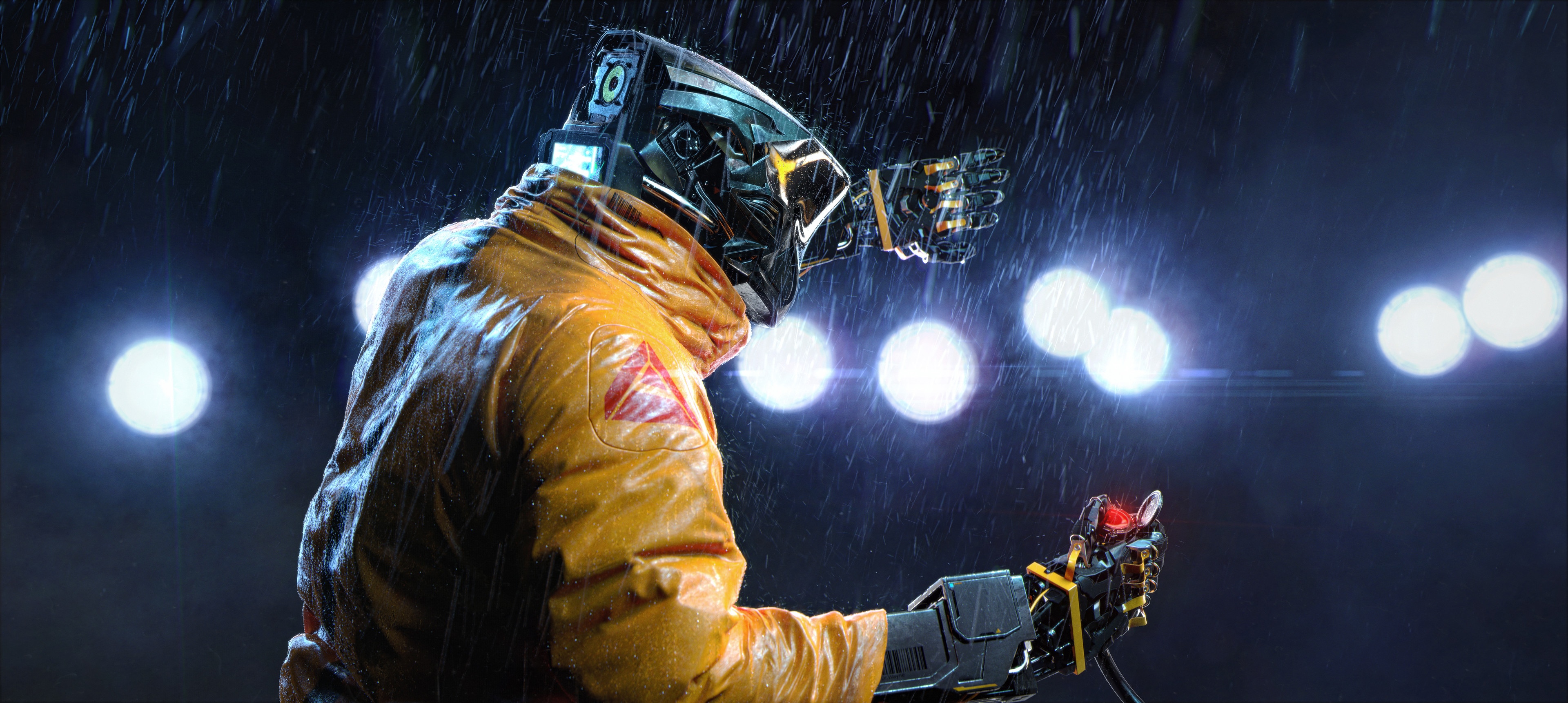 Cyberpunk cyborg in the rain at night HD Wallpaper