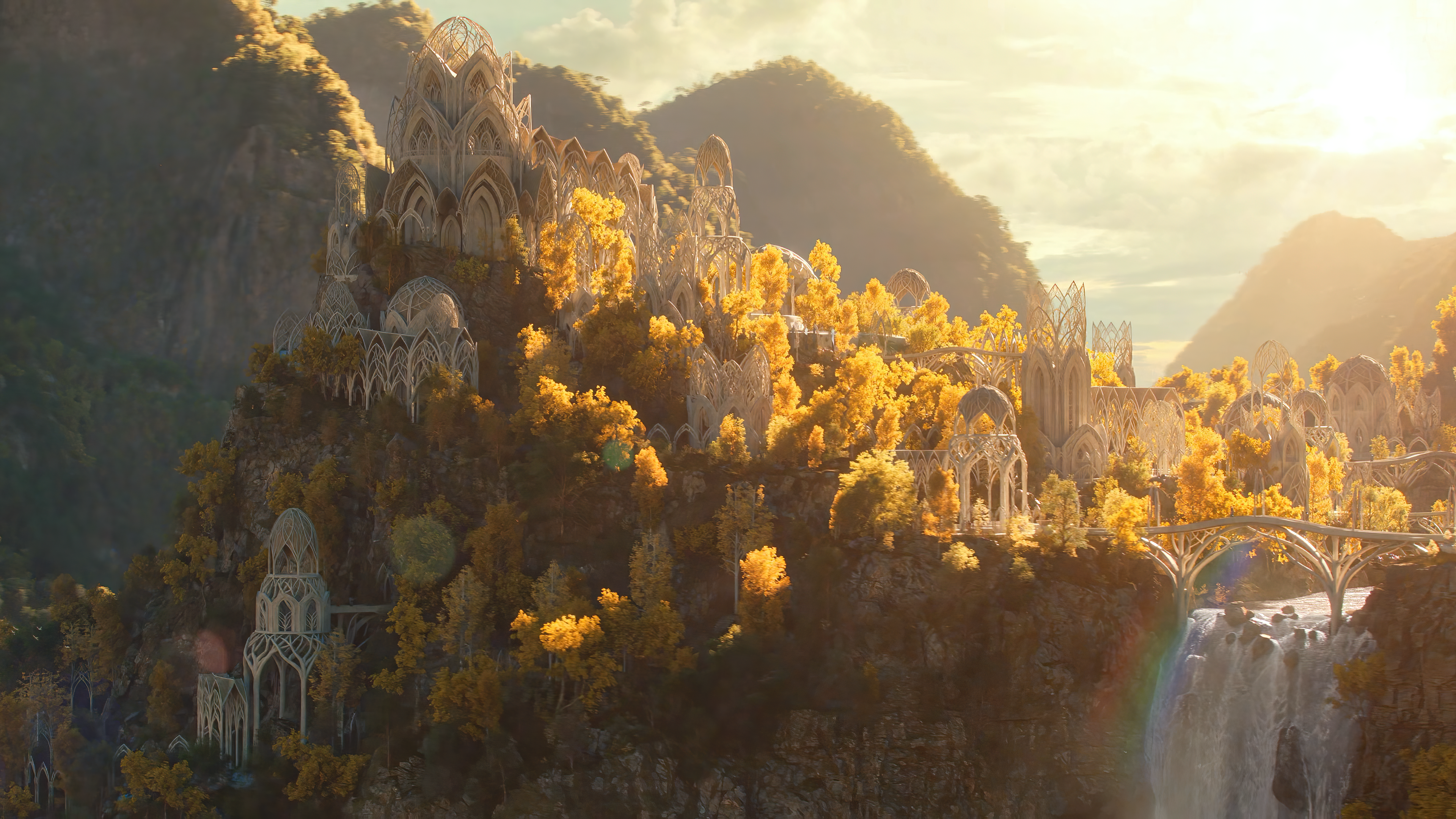 Rivendell Elven City with Waterfall and Mountains HD Wallpaper