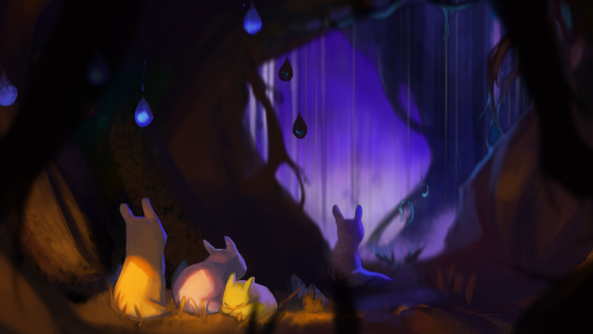 Creatures in a dark, glowing cave with blue drops HD Wallpaper