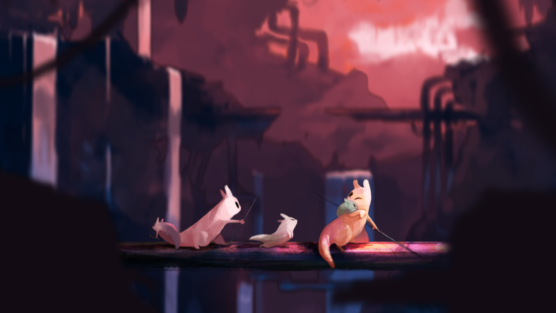 Creatures from Rain World fishing in a desolate landscape HD Wallpaper