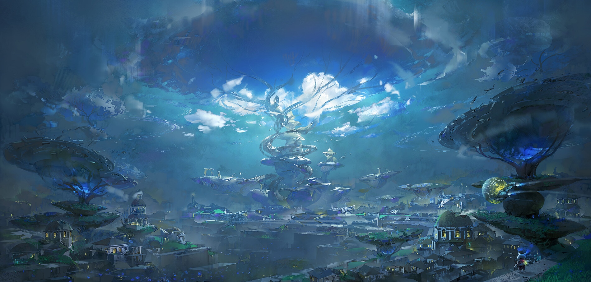 Fantasy city with floating islands and a giant tree HD Wallpaper