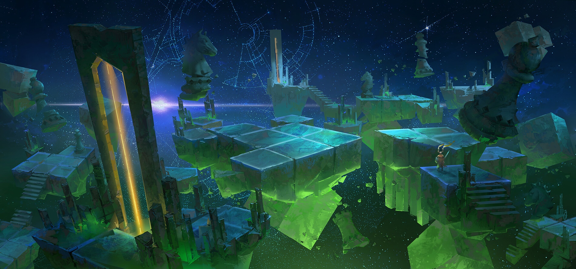 Surreal chess landscape in space with ruins HD Wallpaper