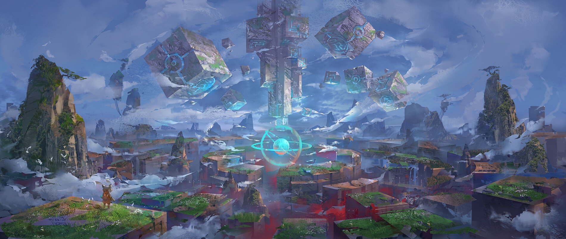 Fantasy landscape with floating cubes and a central structure HD Wallpaper