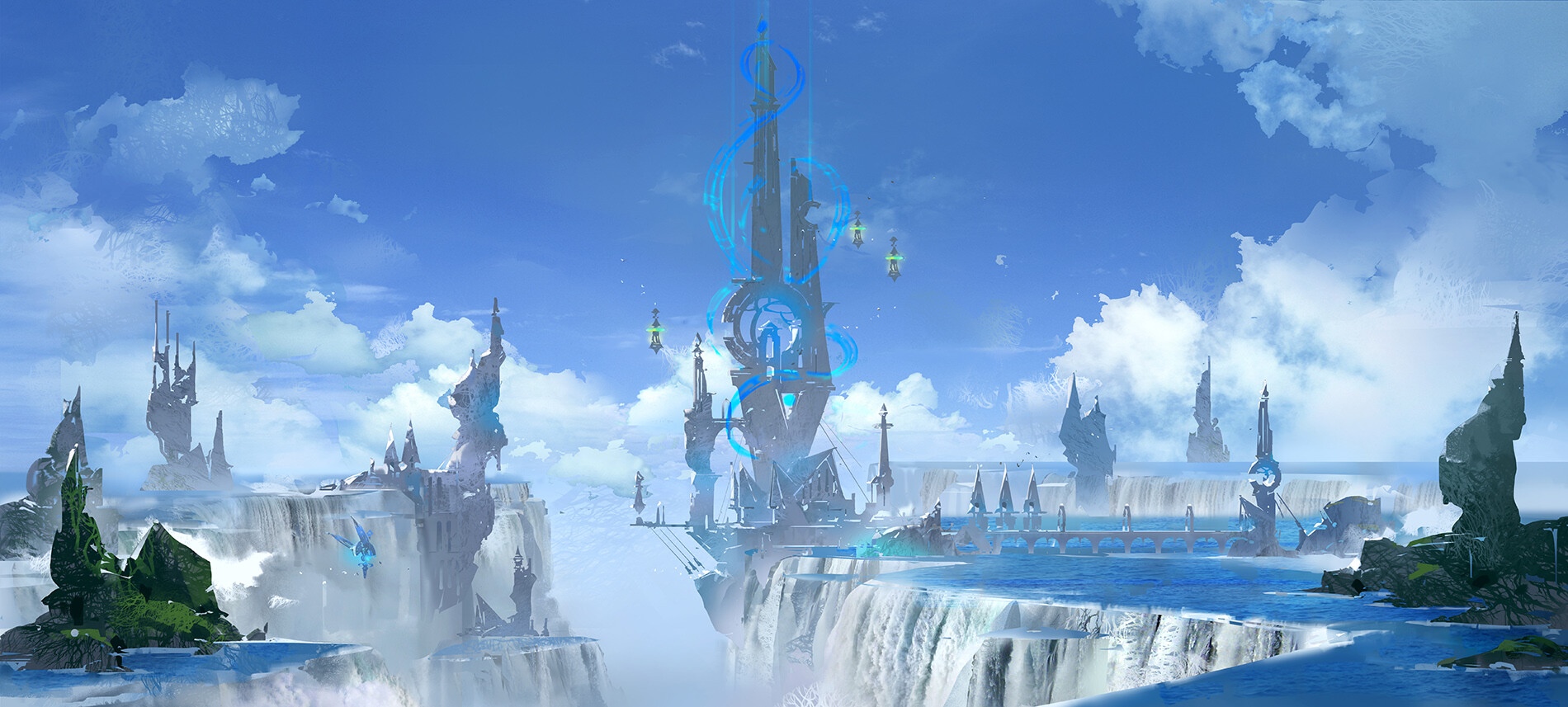 Fantasy architecture with waterfalls and floating islands HD Wallpaper