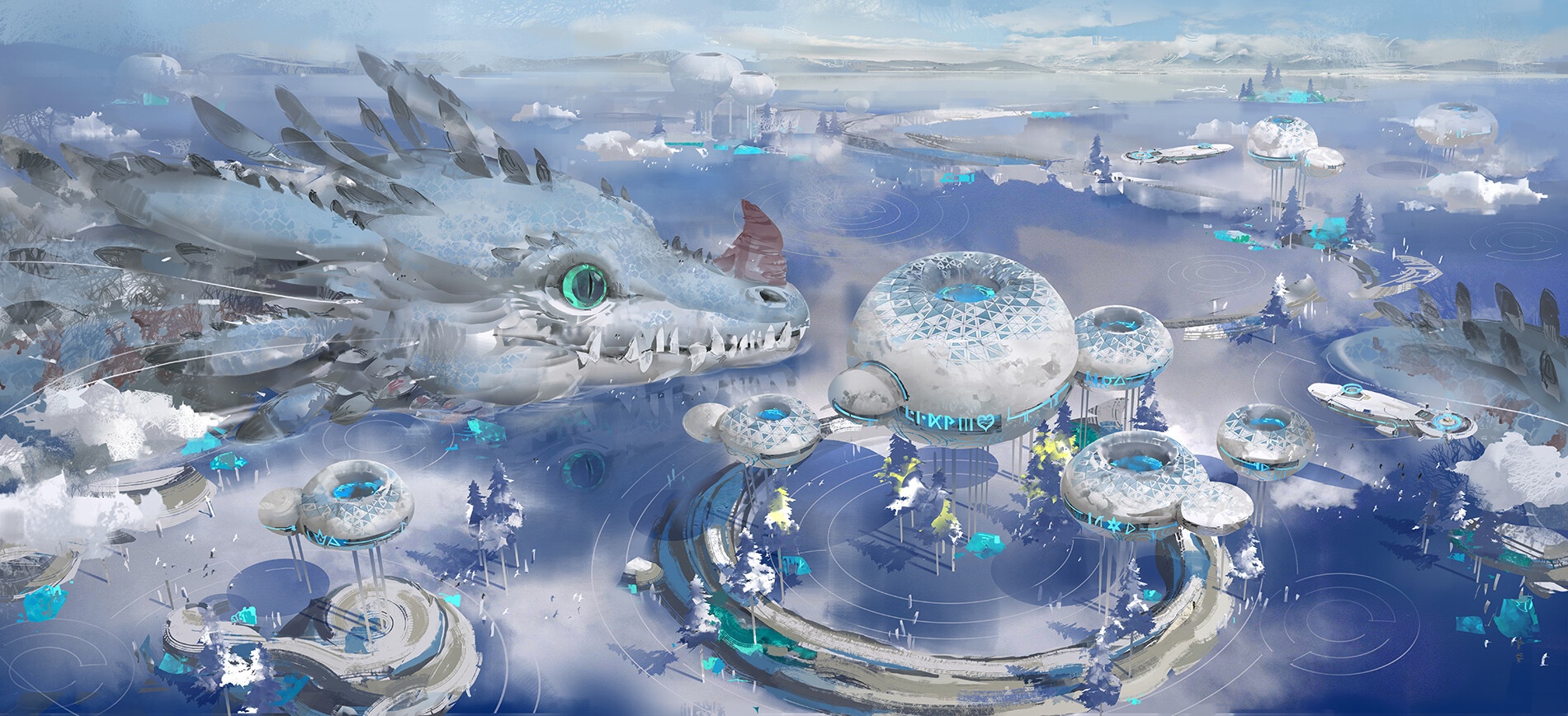 Fantasy Dragon Overlooking a Futuristic Cityscape HD Wallpaper
