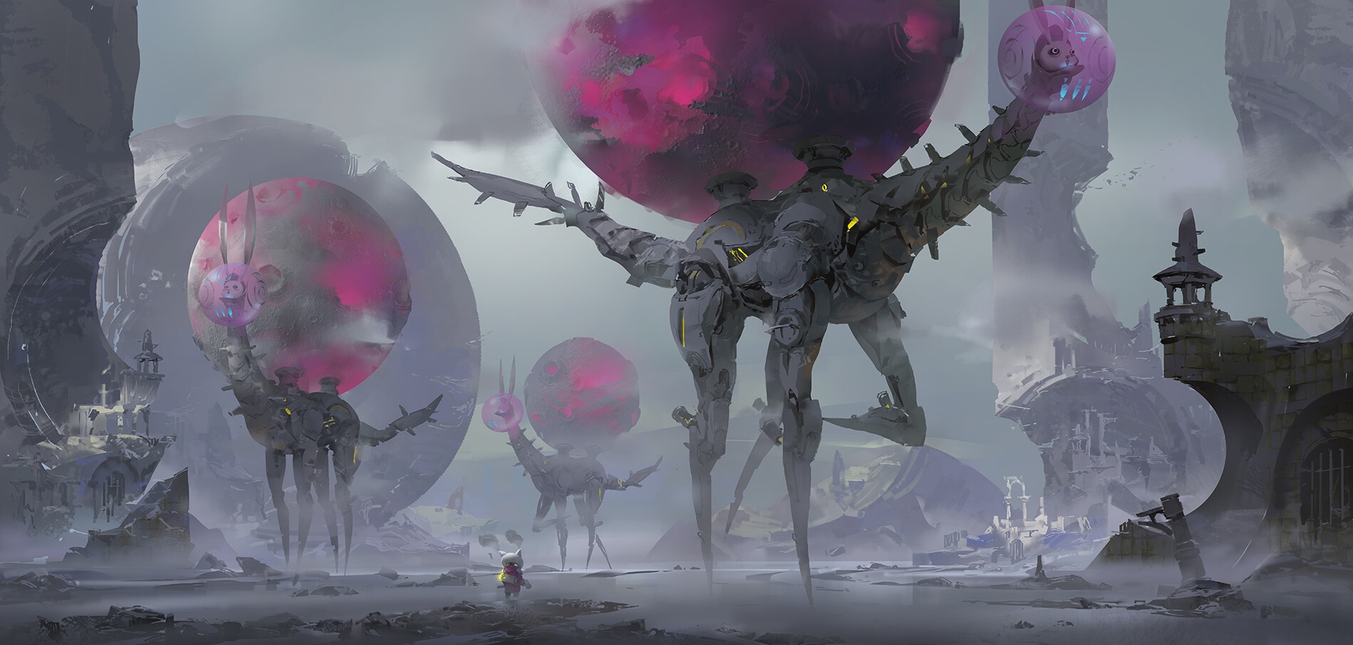 Surreal fantasy landscape with mechanical creatures and ruins HD Wallpaper