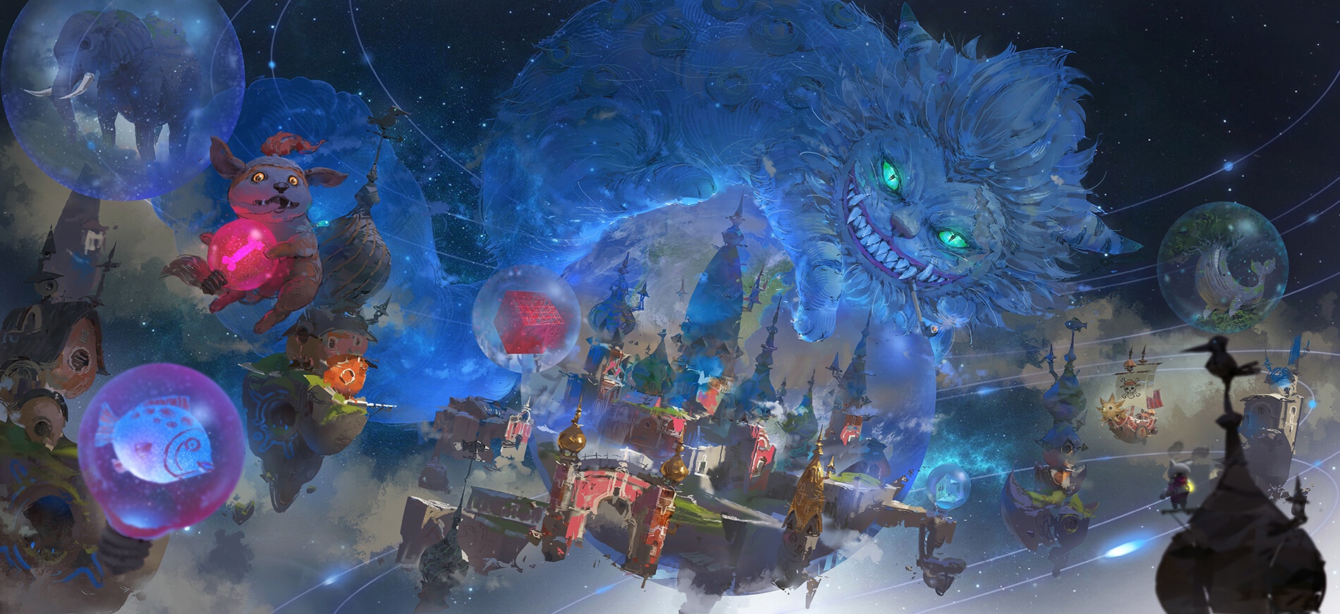 Fantasy landscape with Cheshire Cat and floating islands HD Wallpaper
