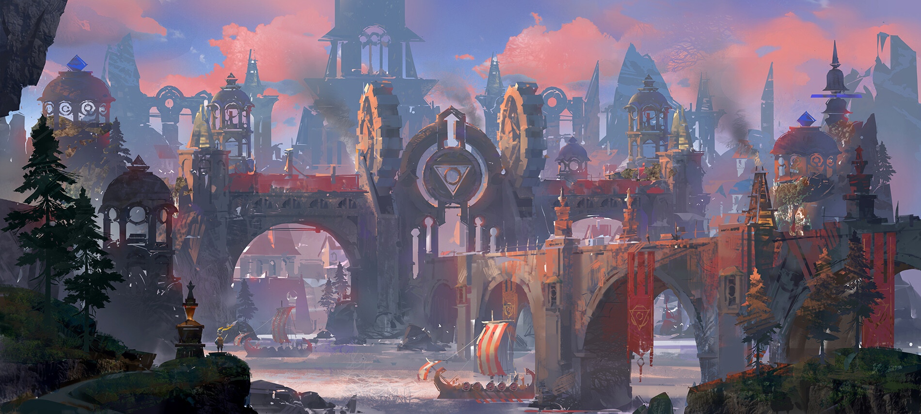 Fantasy city with bridges and ships HD Wallpaper