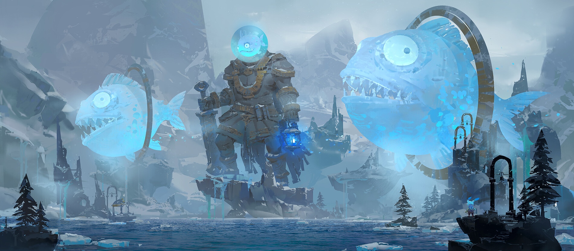 Giant ice fish and a warrior in a snowy landscape HD Wallpaper
