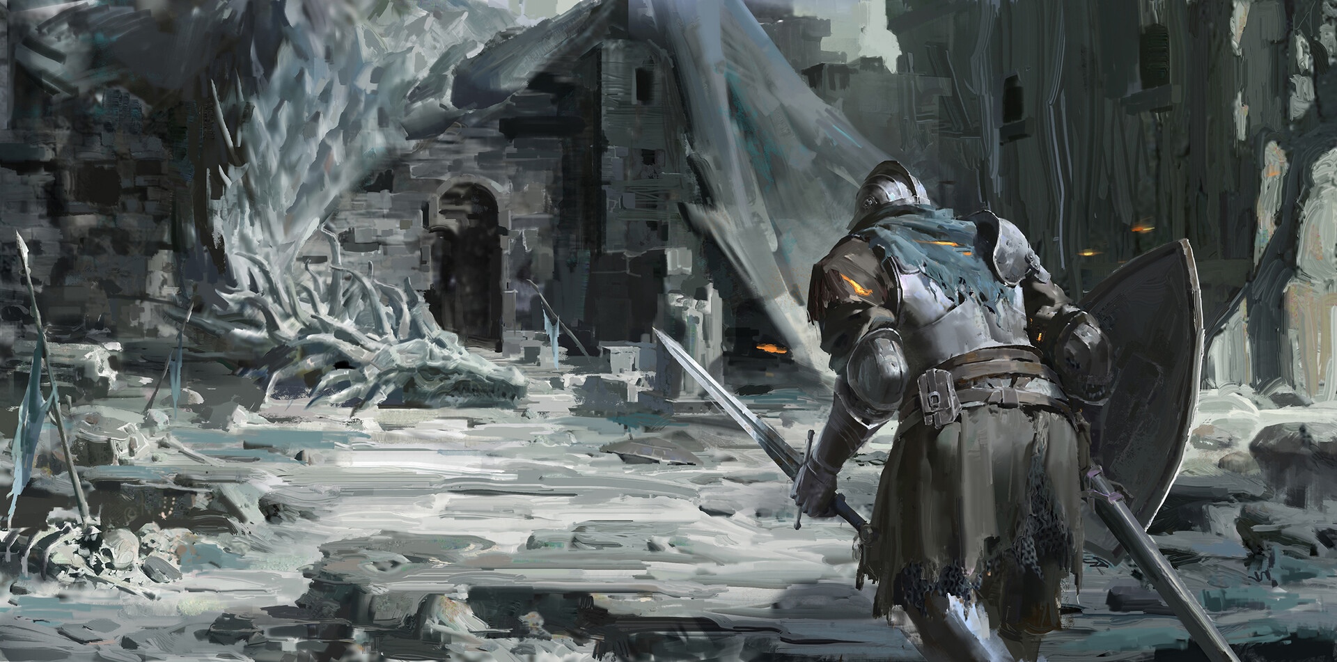 Knight facing a dragon in Dark Souls HD Wallpaper