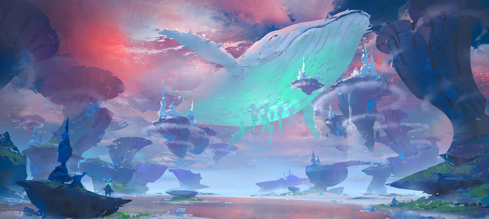 Surreal fantasy landscape with a giant whale and floating islands HD Wallpaper