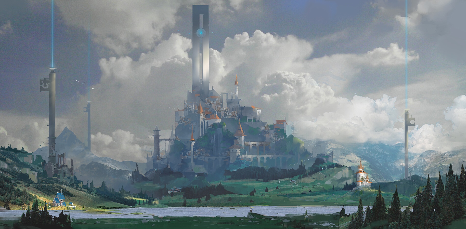 Fantasy city with towers and mountains HD Wallpaper