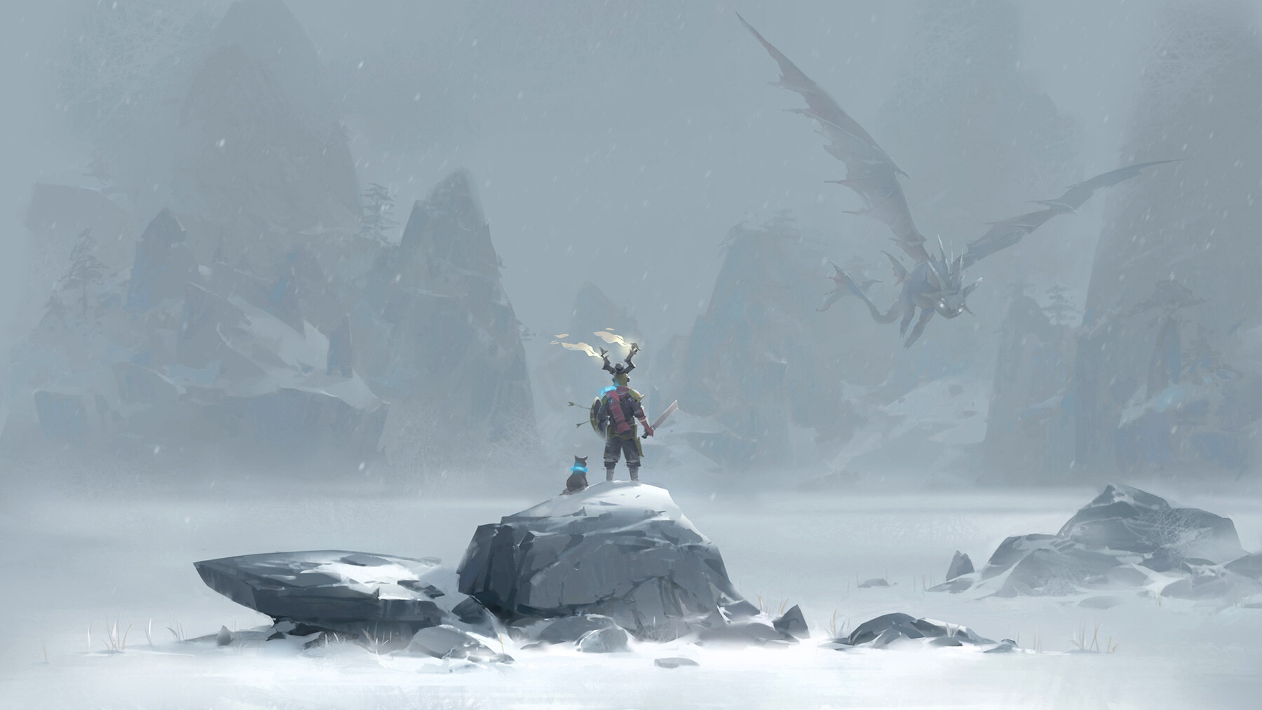 Fantasy art of a warrior and dragon in snow HD Wallpaper